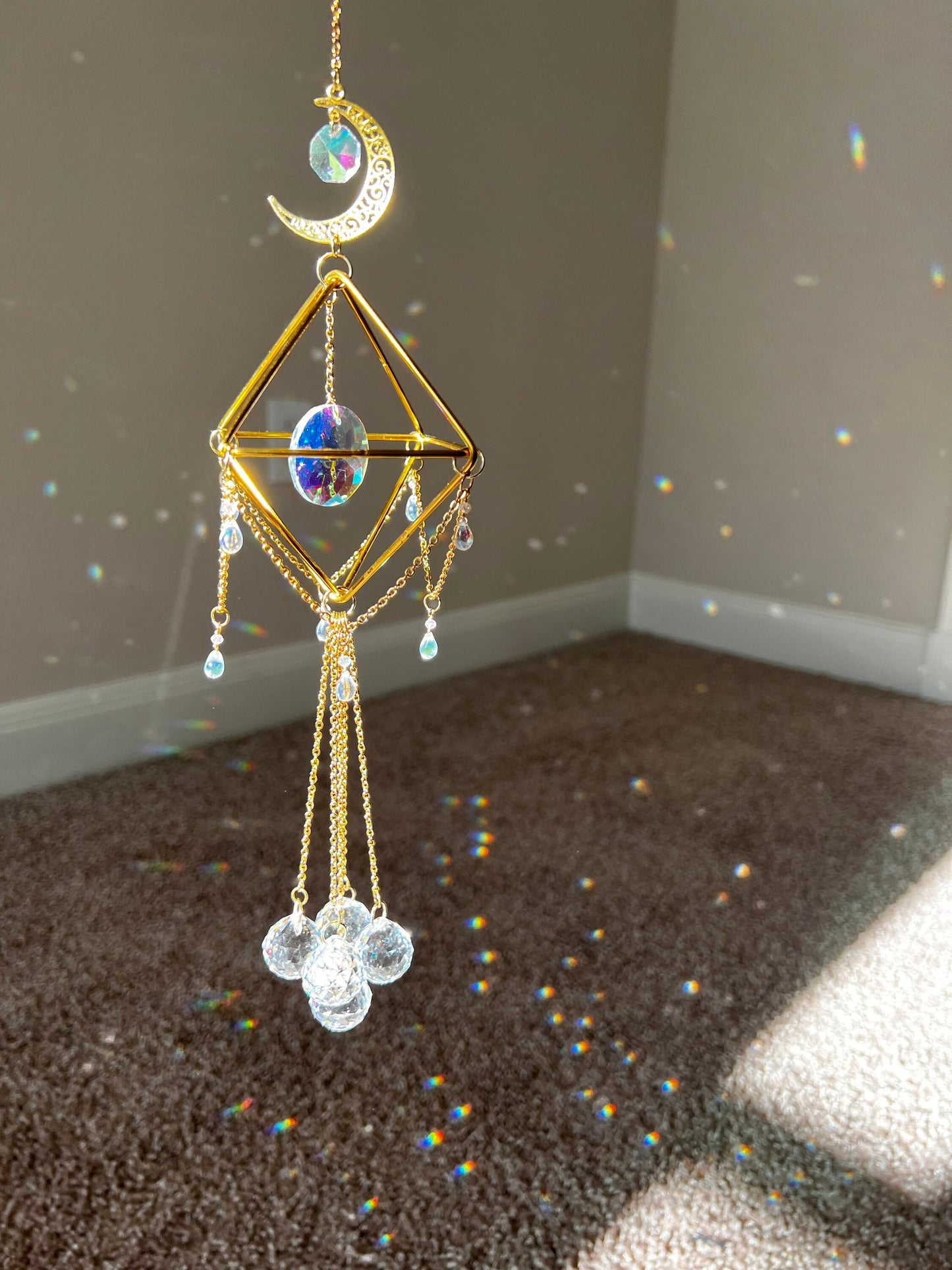 Sun catcher, suncatcher, crystal decor, wind chime, hanging window decor, rainbow maker, lightcatcher, reflections, mothers day gift, gold
