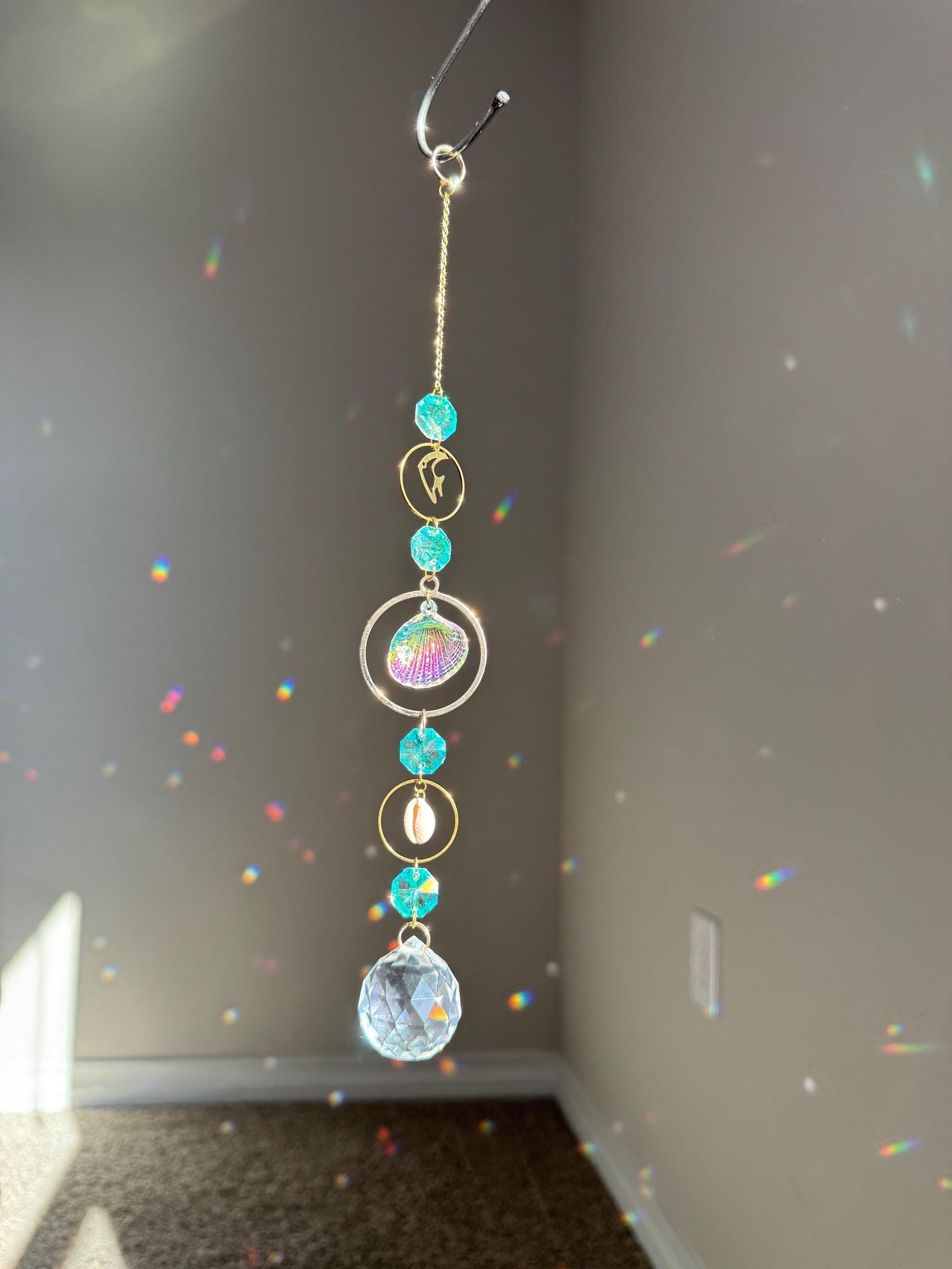 Sun catcher crystal, beach theme decor, shell decor, light catcher, thoughtful gift for beach love, mermaid decor, dream catcher, windchimes