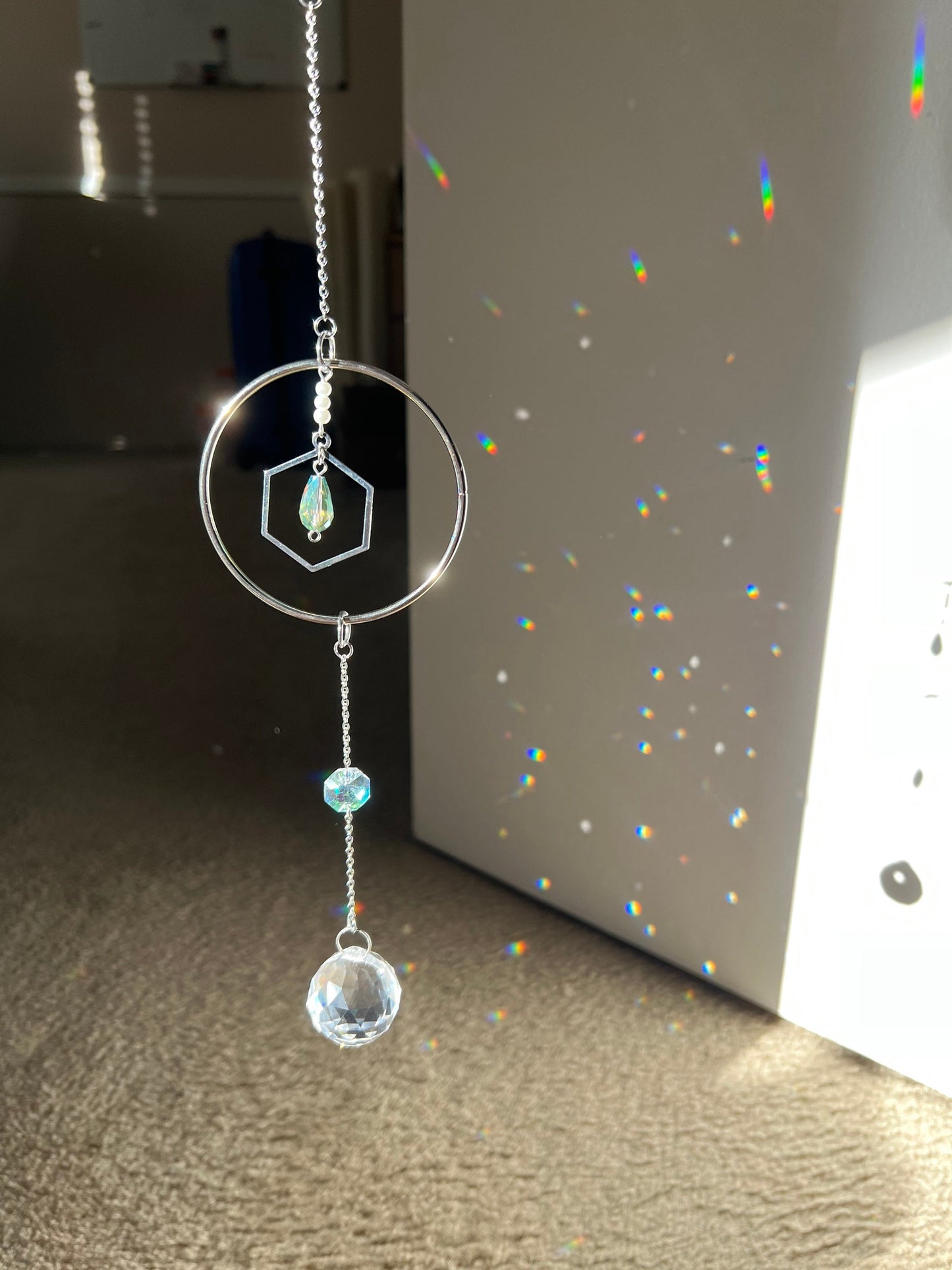 Sun catcher, suncatcher, silver sun catcher, dream catcher, home decor, birthday gift, prism, rainbow maker, meditation room,crystal, window