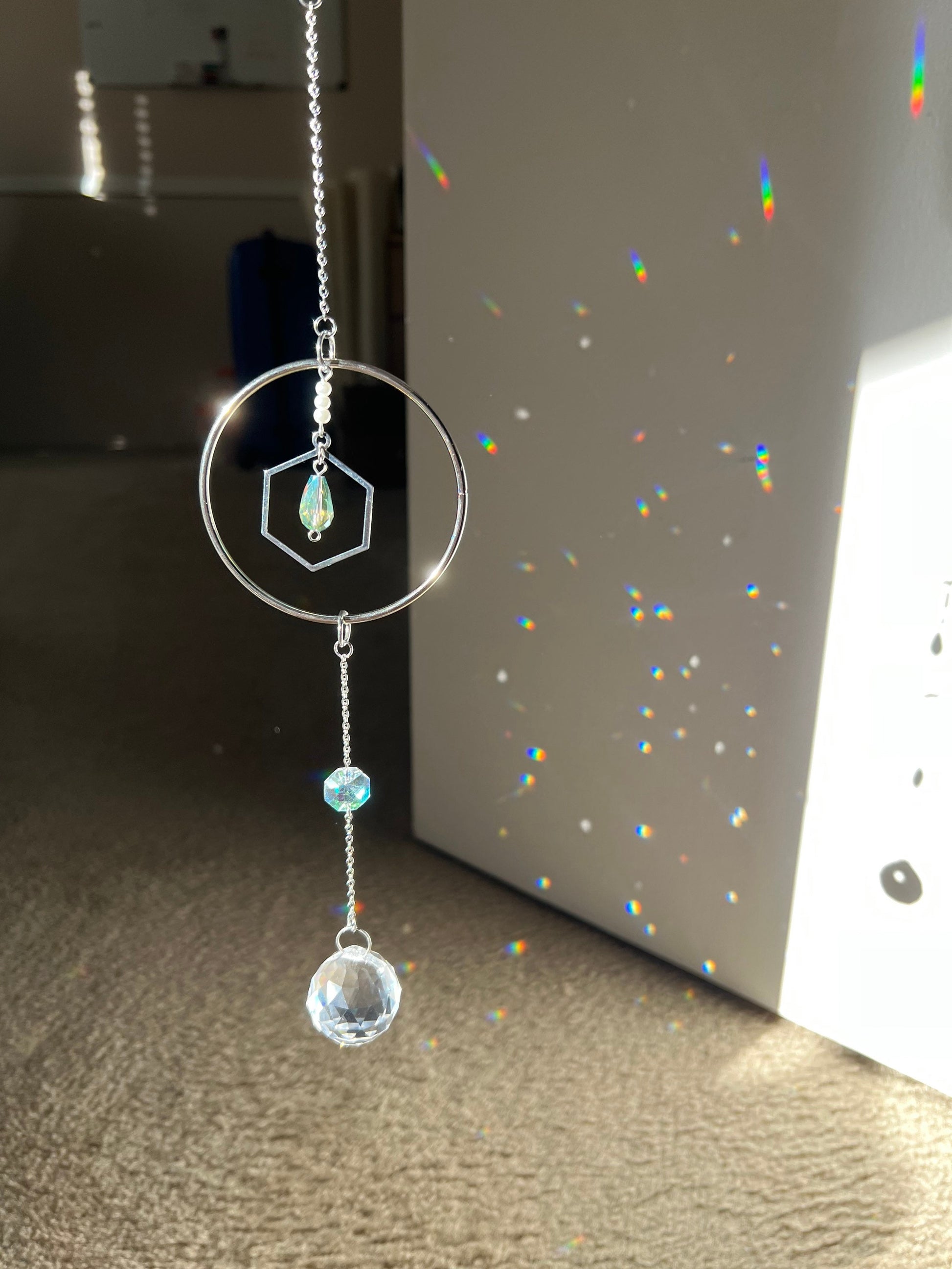 Sun catcher, suncatcher, silver sun catcher, dream catcher, home decor, birthday gift, prism, rainbow maker, meditation room,crystal, window