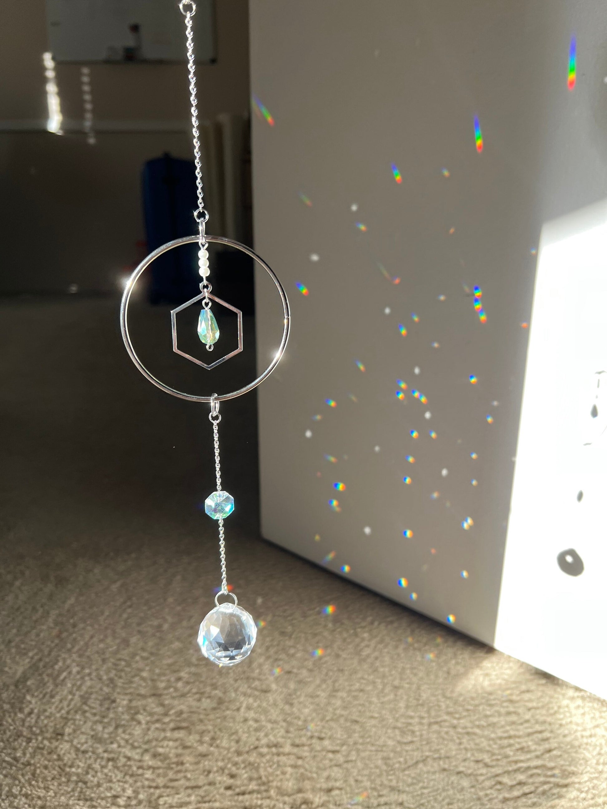 Sun catcher, suncatcher, silver sun catcher, dream catcher, home decor, birthday gift, prism, rainbow maker, meditation room,crystal, window