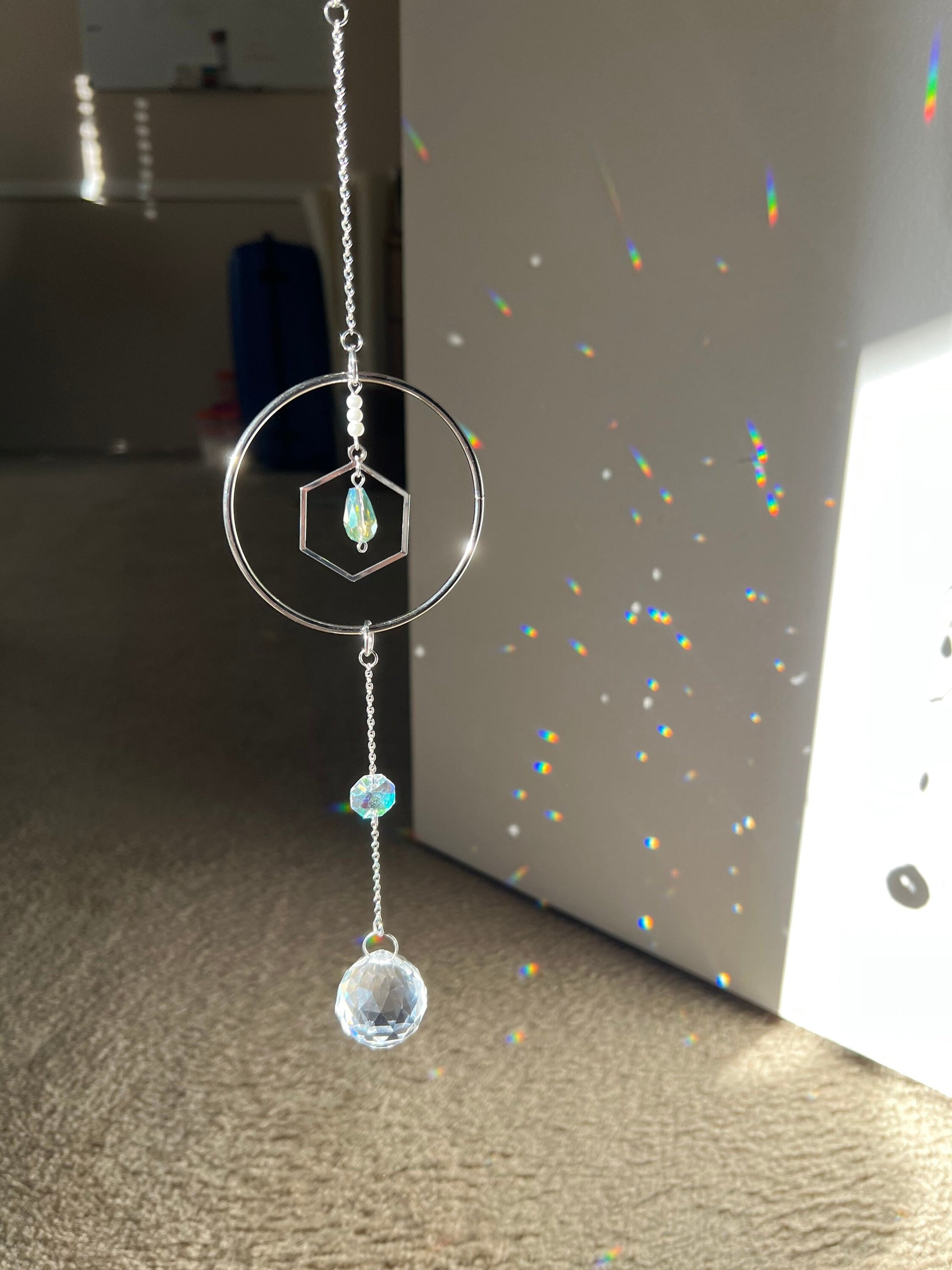 Sun catcher, suncatcher, silver sun catcher, dream catcher, home decor, birthday gift, prism, rainbow maker, meditation room,crystal, window