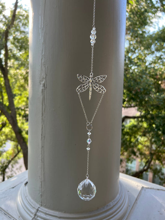 Sun catcher, suncatcher, silver suncatcher, home decor, dragonfly, gift, handmade gift, rainbow maker, silver decor, dreamcatcher