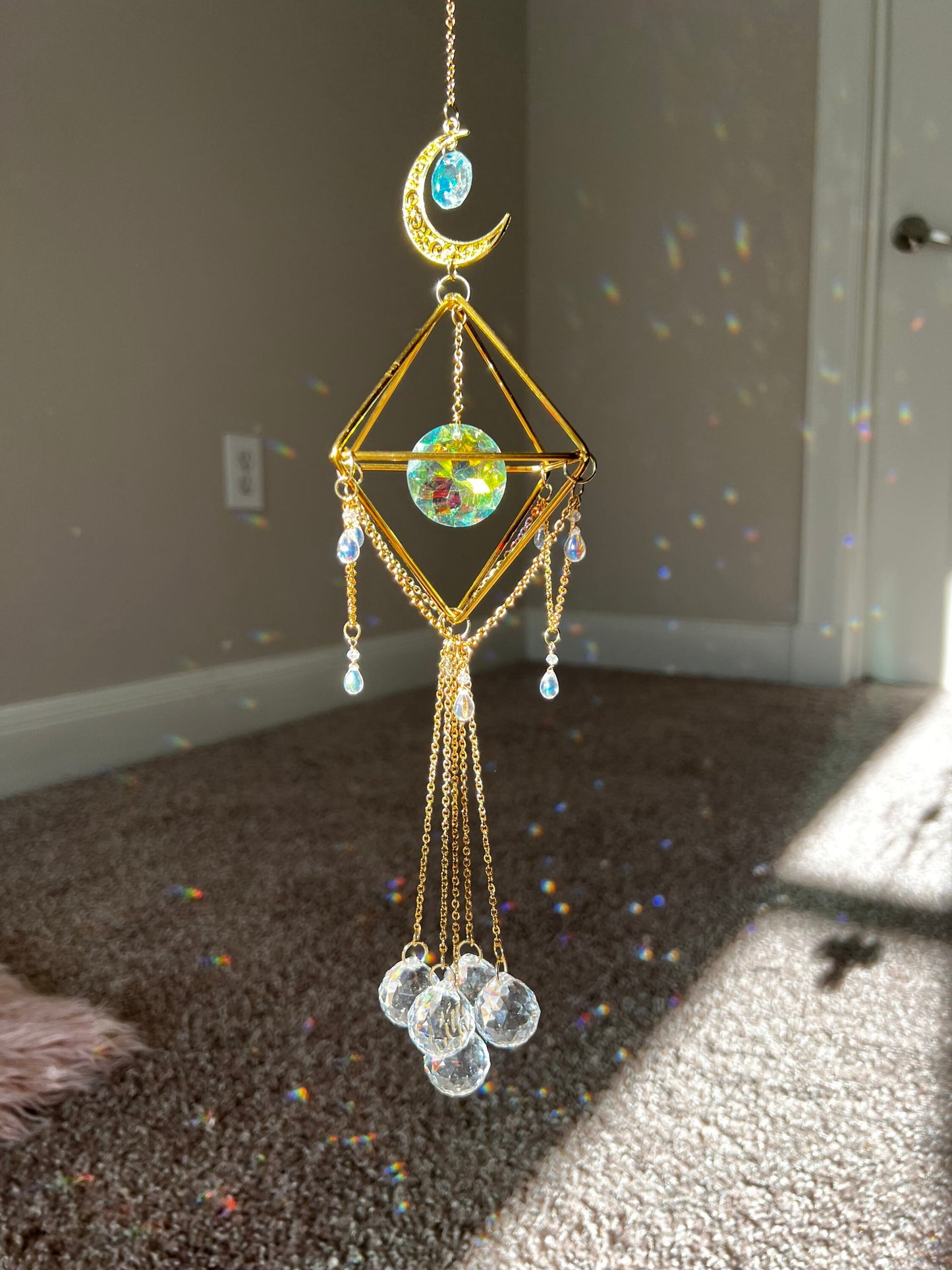 Sun catcher, suncatcher, crystal decor, wind chime, hanging window decor, rainbow maker, lightcatcher, reflections, mothers day gift, gold