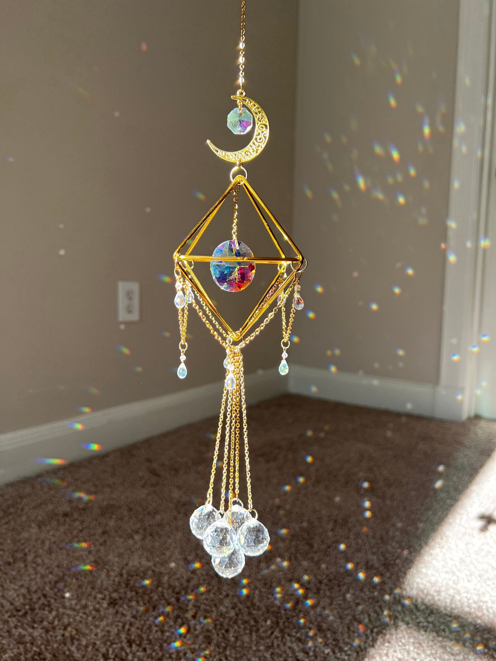 Sun catcher, suncatcher, crystal decor, wind chime, hanging window decor, rainbow maker, lightcatcher, reflections, mothers day gift, gold