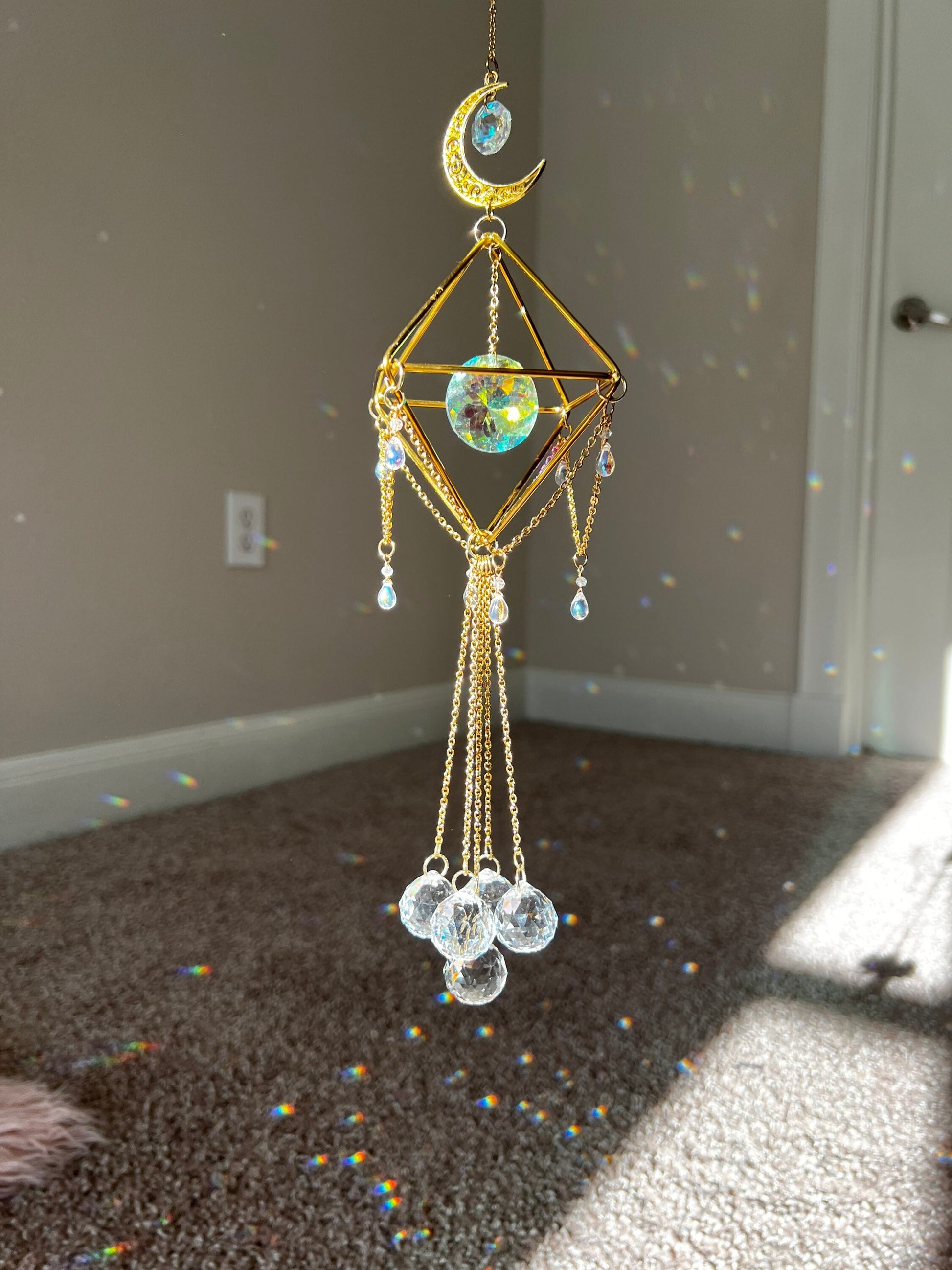Sun catcher, suncatcher, crystal decor, wind chime, hanging window decor, rainbow maker, lightcatcher, reflections, mothers day gift, gold