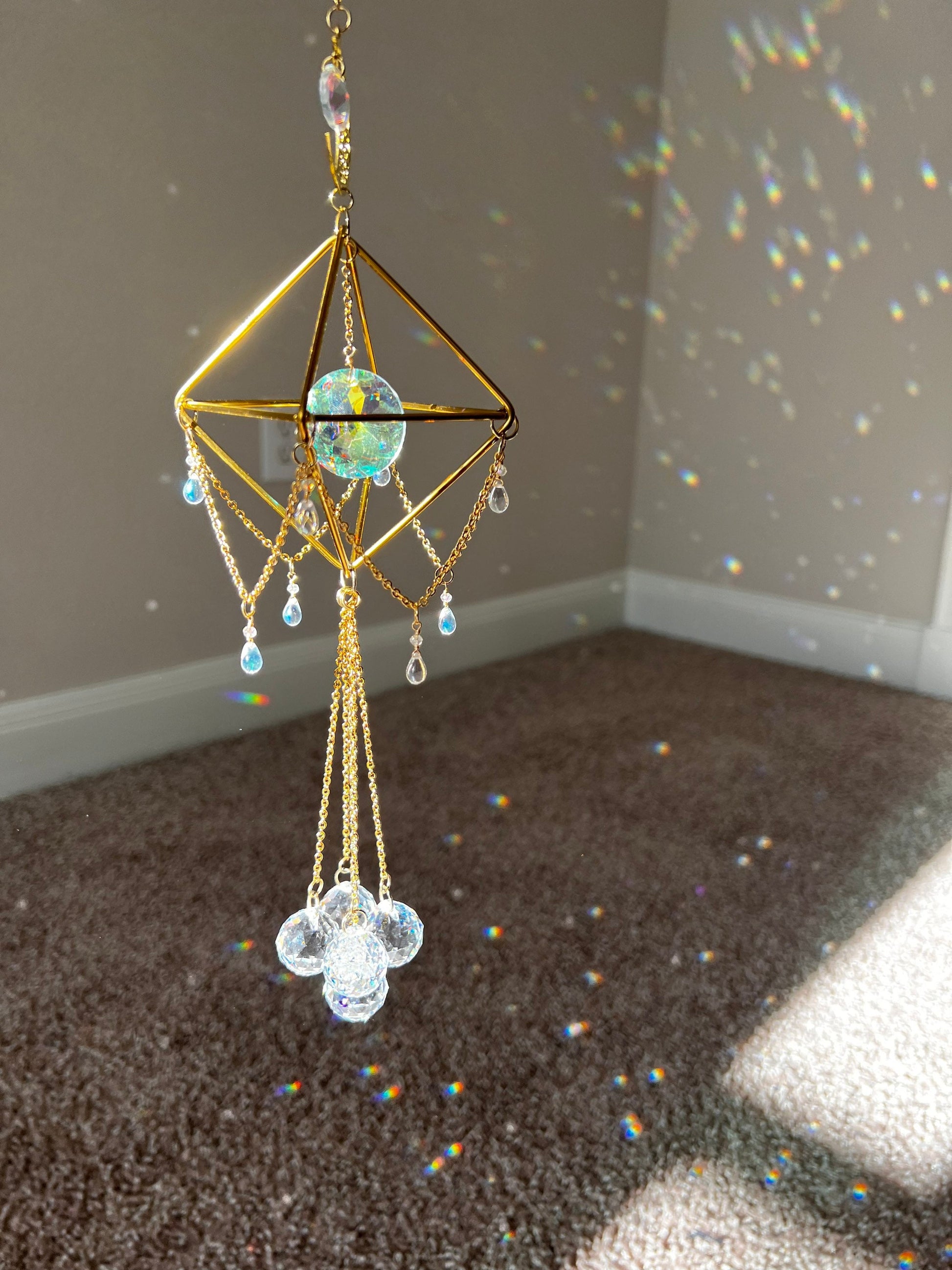 Sun catcher, suncatcher, crystal decor, wind chime, hanging window decor, rainbow maker, lightcatcher, reflections, mothers day gift, gold