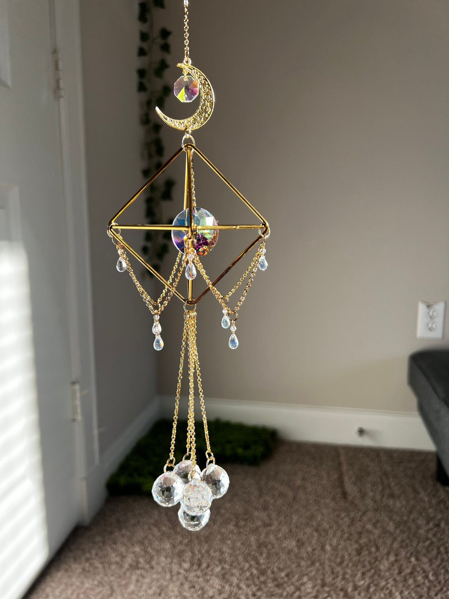 Sun catcher, suncatcher, crystal decor, wind chime, hanging window decor, rainbow maker, lightcatcher, reflections, mothers day gift, gold