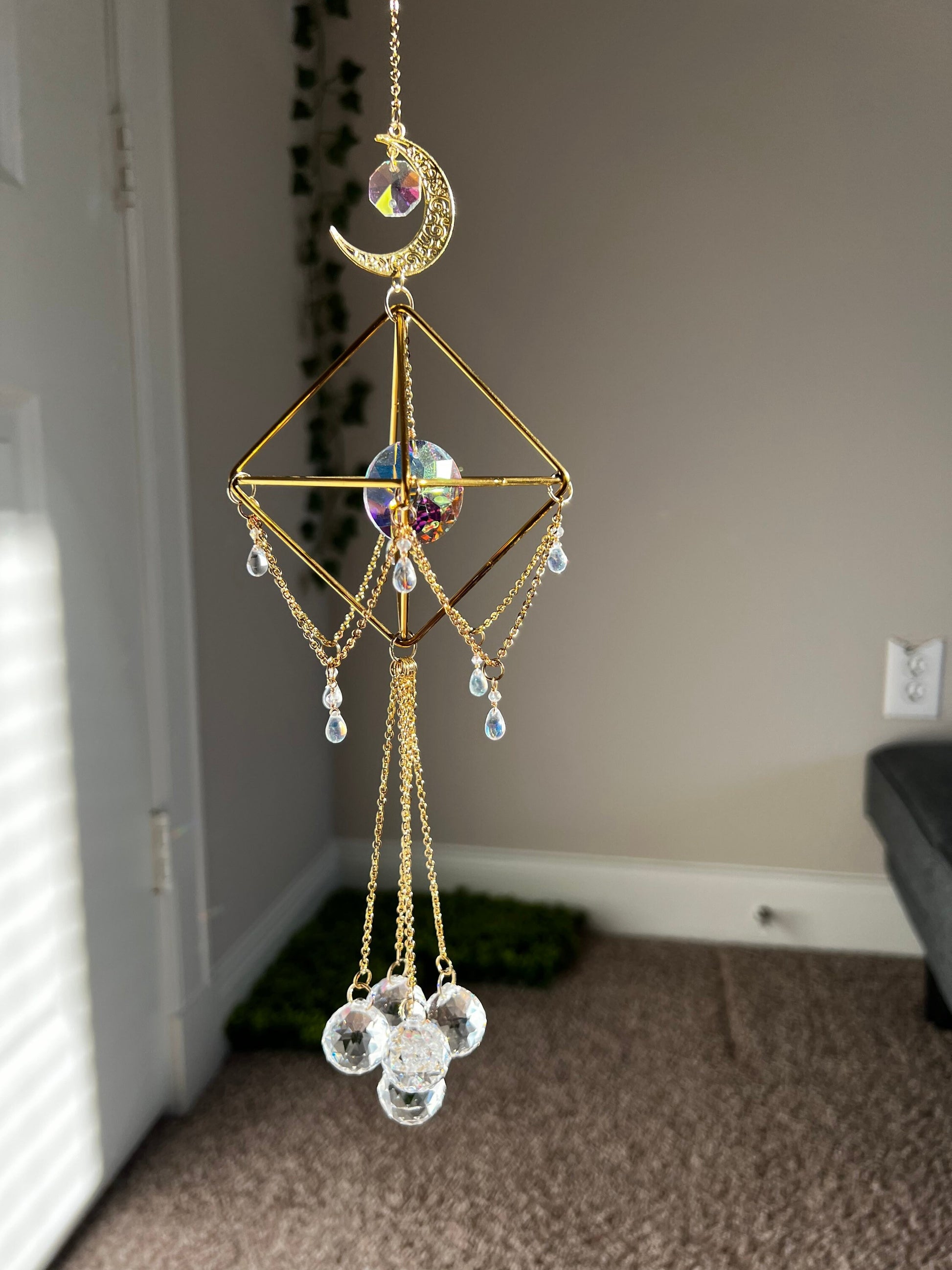 Sun catcher, suncatcher, crystal decor, wind chime, hanging window decor, rainbow maker, lightcatcher, reflections, mothers day gift, gold