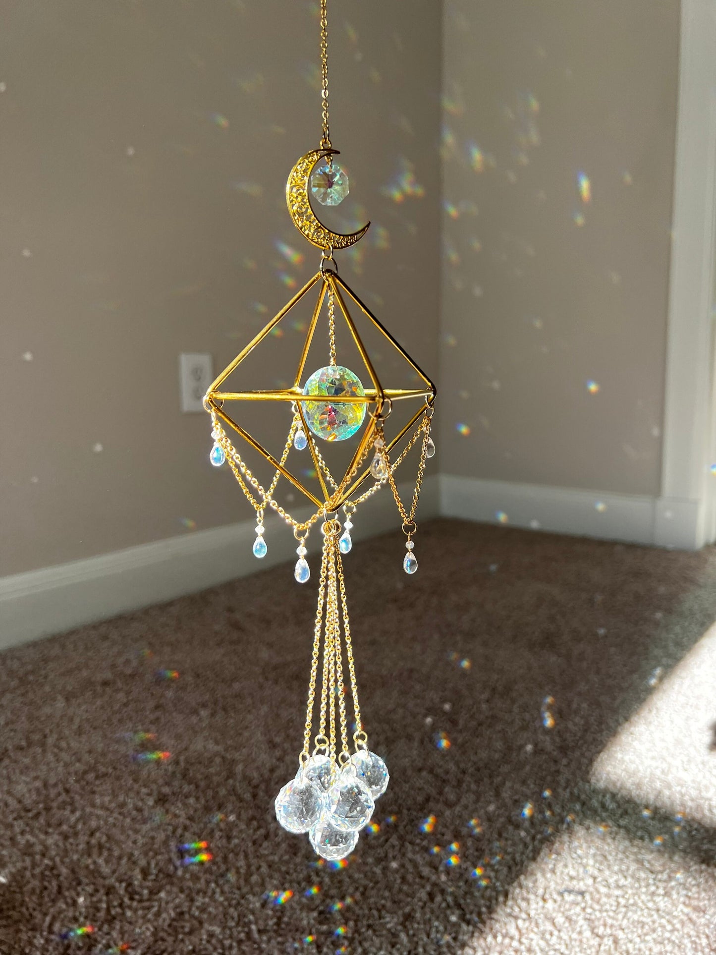 Sun catcher, suncatcher, crystal decor, wind chime, hanging window decor, rainbow maker, lightcatcher, reflections, mothers day gift, gold