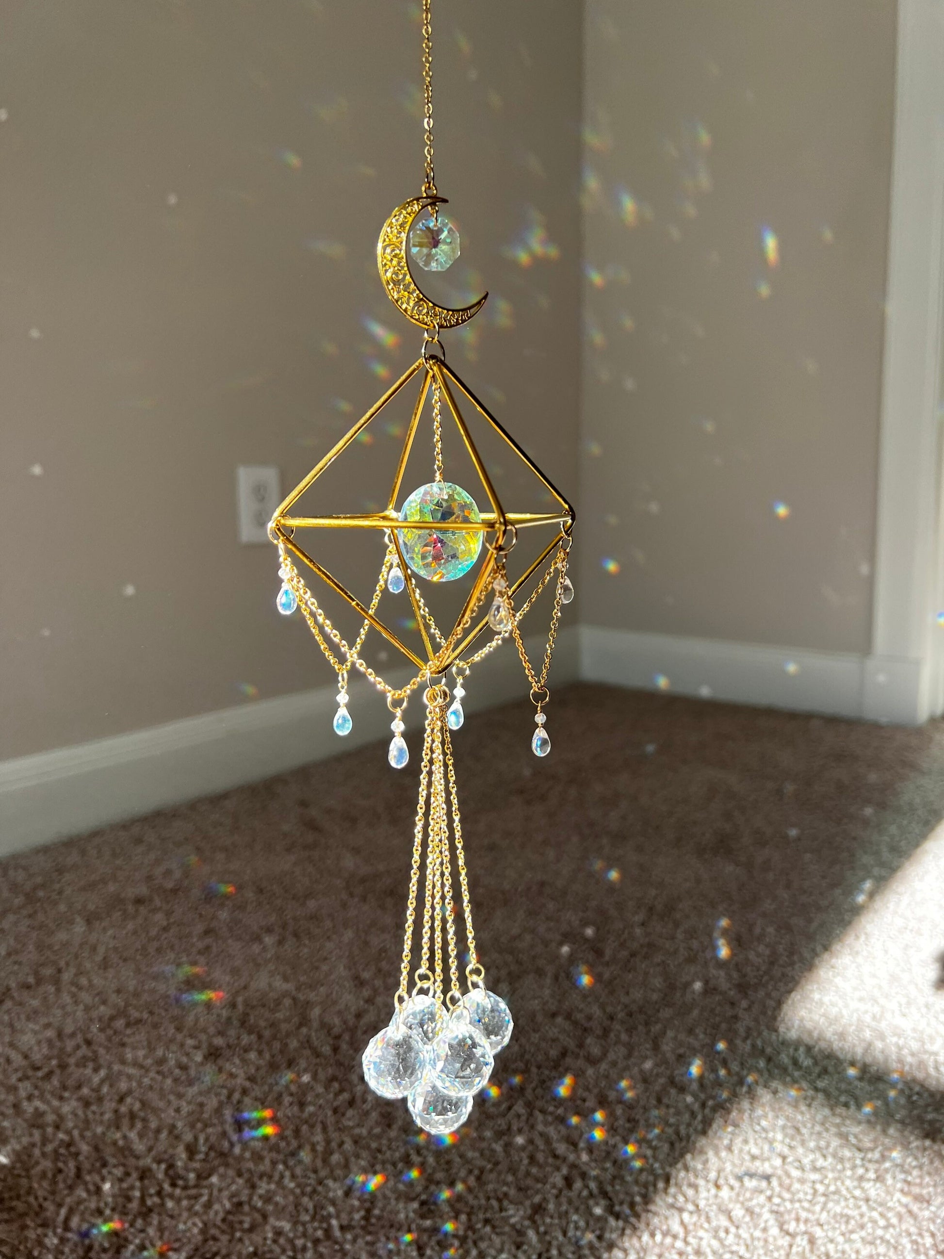 Sun catcher, suncatcher, crystal decor, wind chime, hanging window decor, rainbow maker, lightcatcher, reflections, mothers day gift, gold