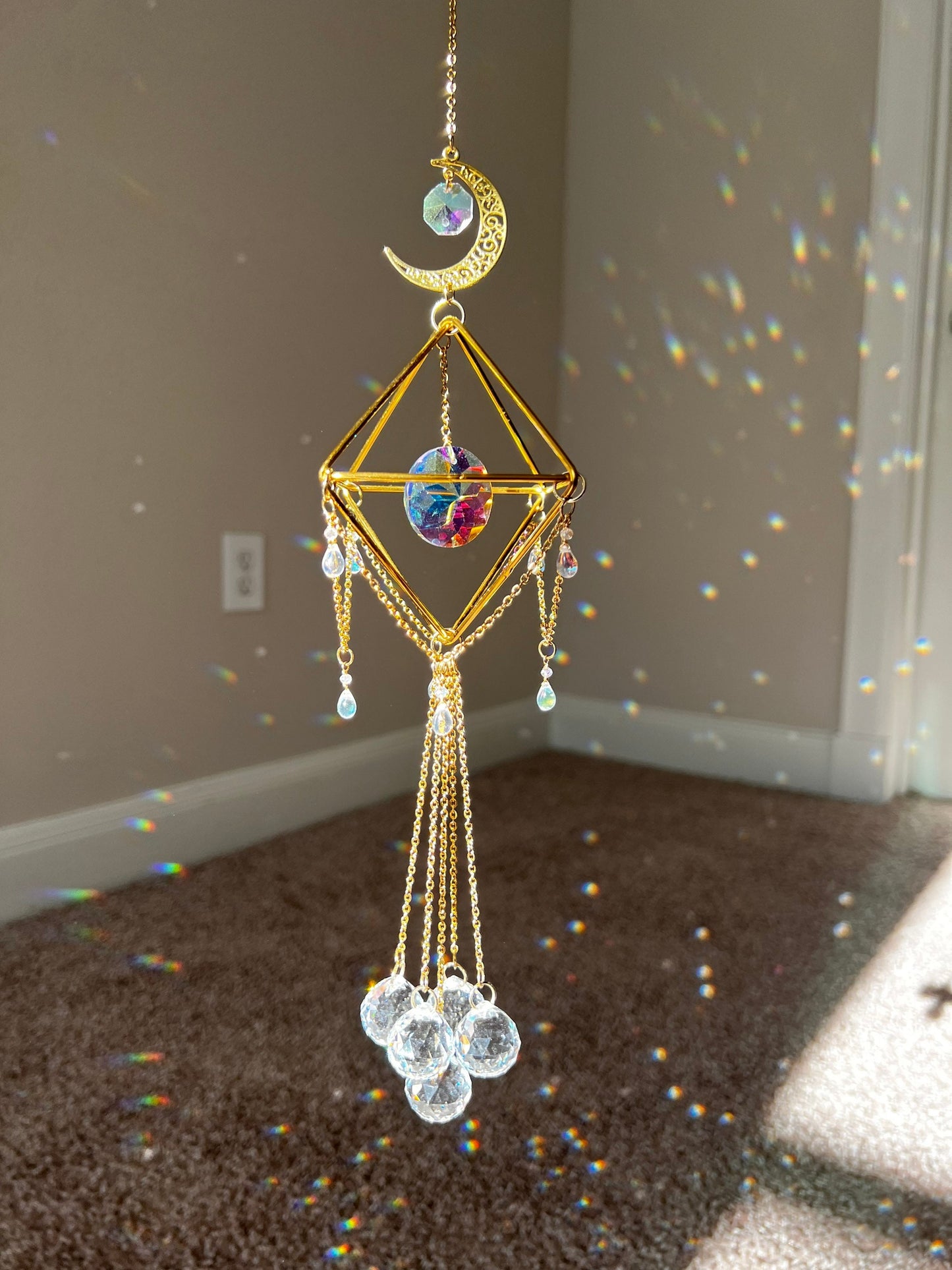 Sun catcher, suncatcher, crystal decor, wind chime, hanging window decor, rainbow maker, lightcatcher, reflections, mothers day gift, gold