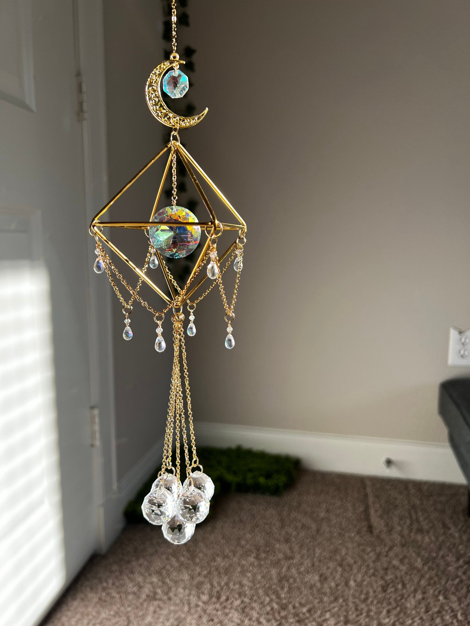 Sun catcher, suncatcher, crystal decor, wind chime, hanging window decor, rainbow maker, lightcatcher, reflections, mothers day gift, gold