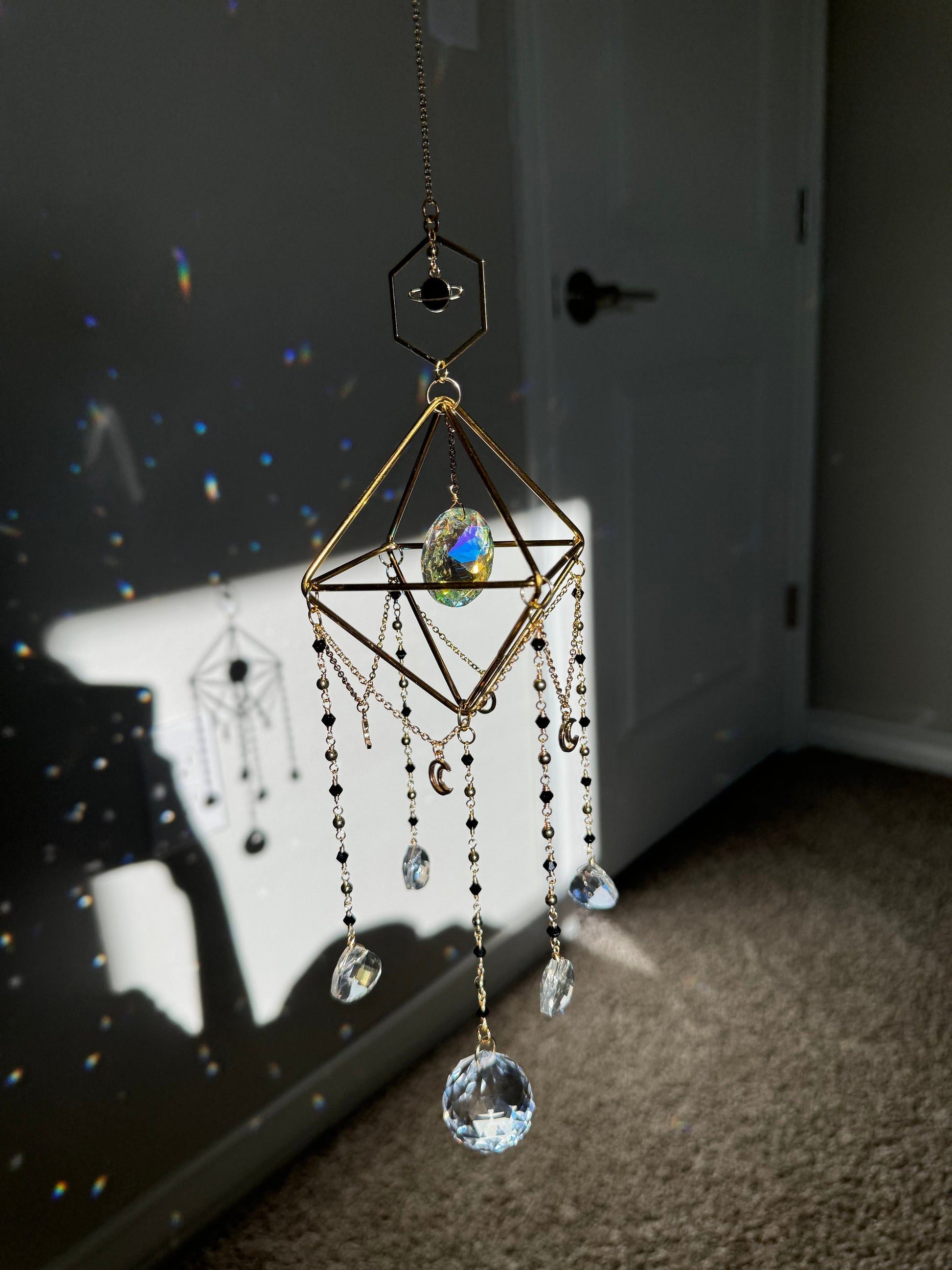 Suncatcher, sun catcher, light catcher, rainbow maker, window decor, home decor, prism, planet, black, wind chime, gift, housewarming
