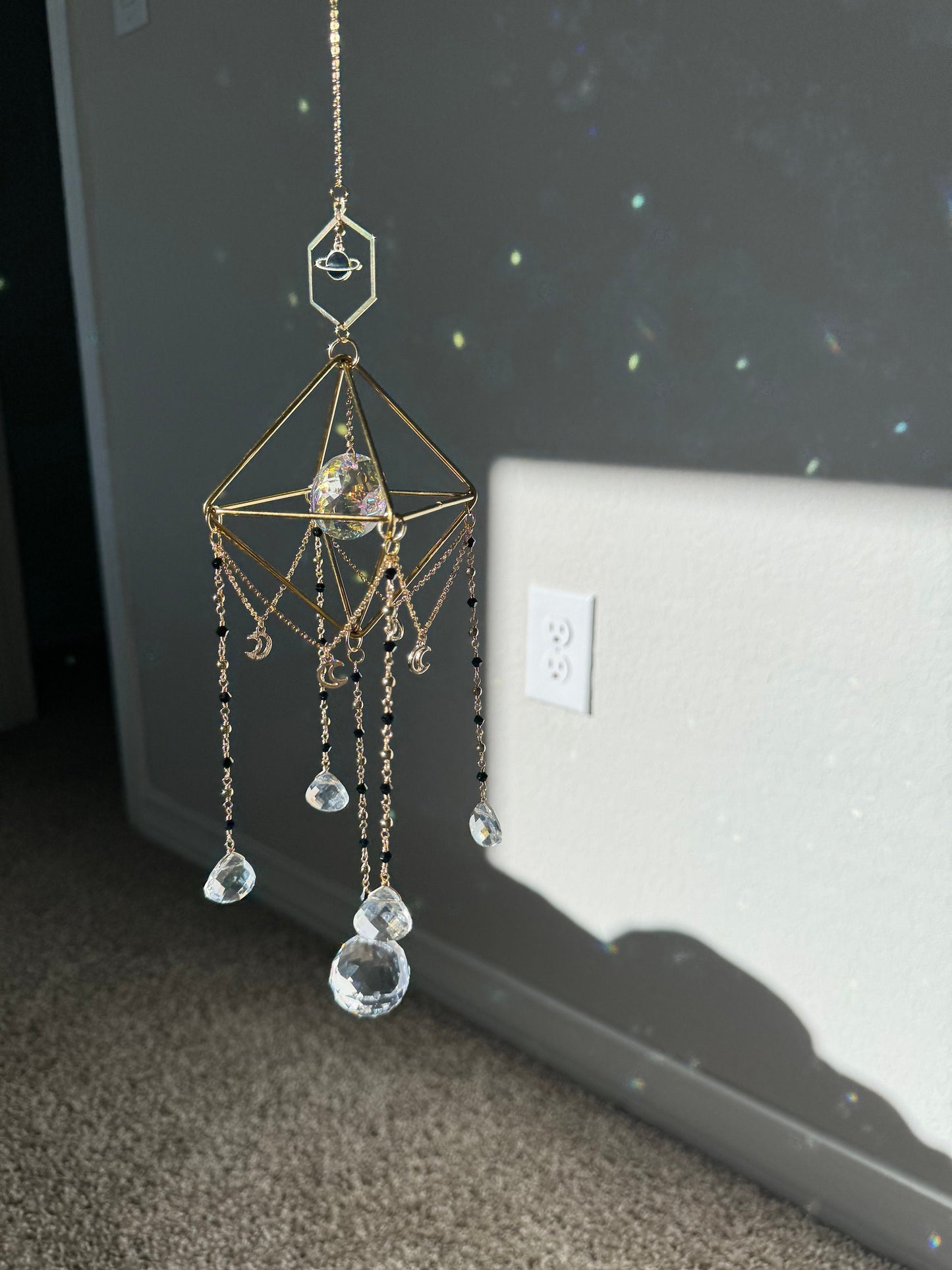 Suncatcher, sun catcher, light catcher, rainbow maker, window decor, home decor, prism, planet, black, wind chime, gift, housewarming