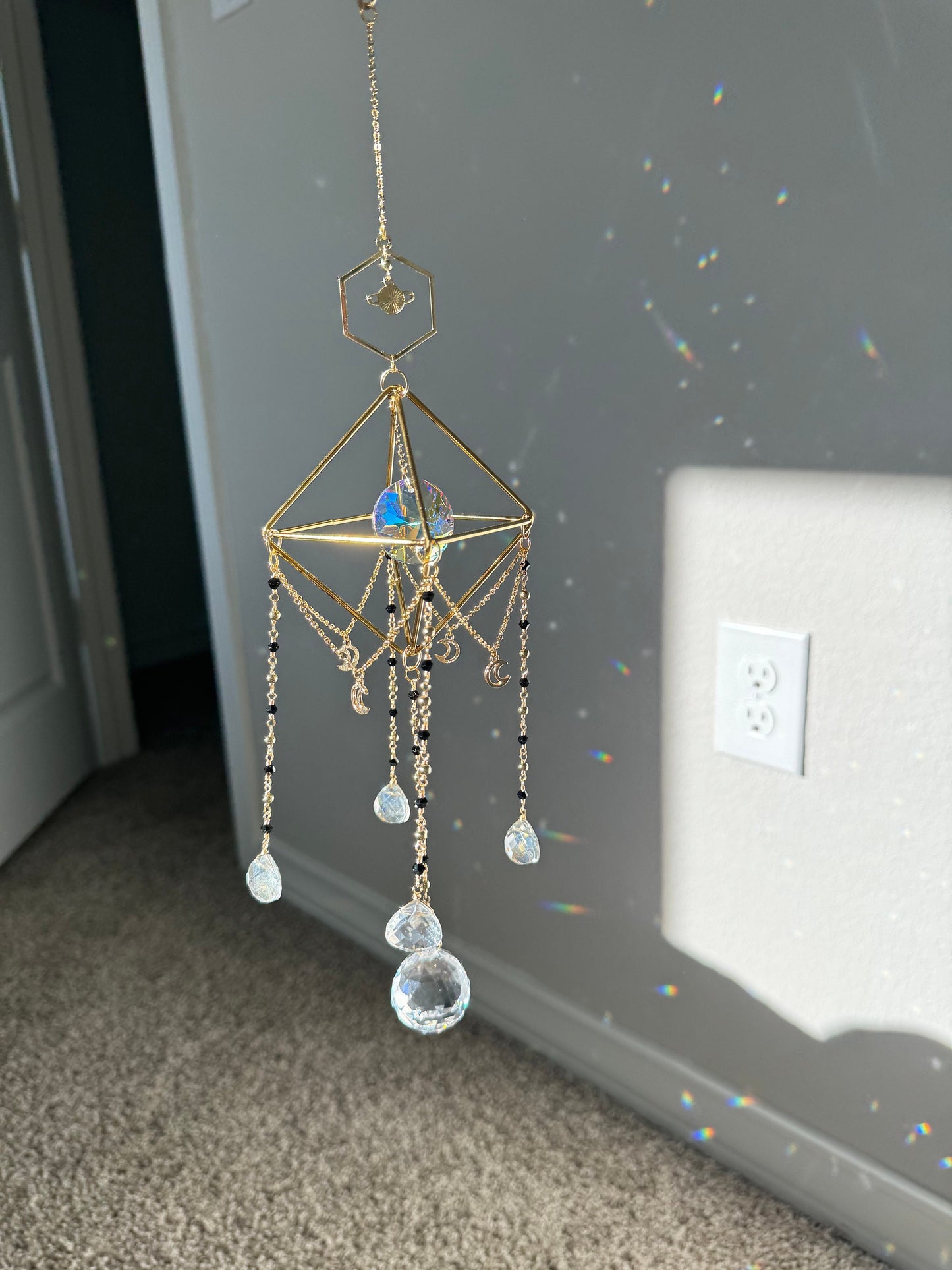 Suncatcher, sun catcher, light catcher, rainbow maker, window decor, home decor, prism, planet, black, wind chime, gift, housewarming