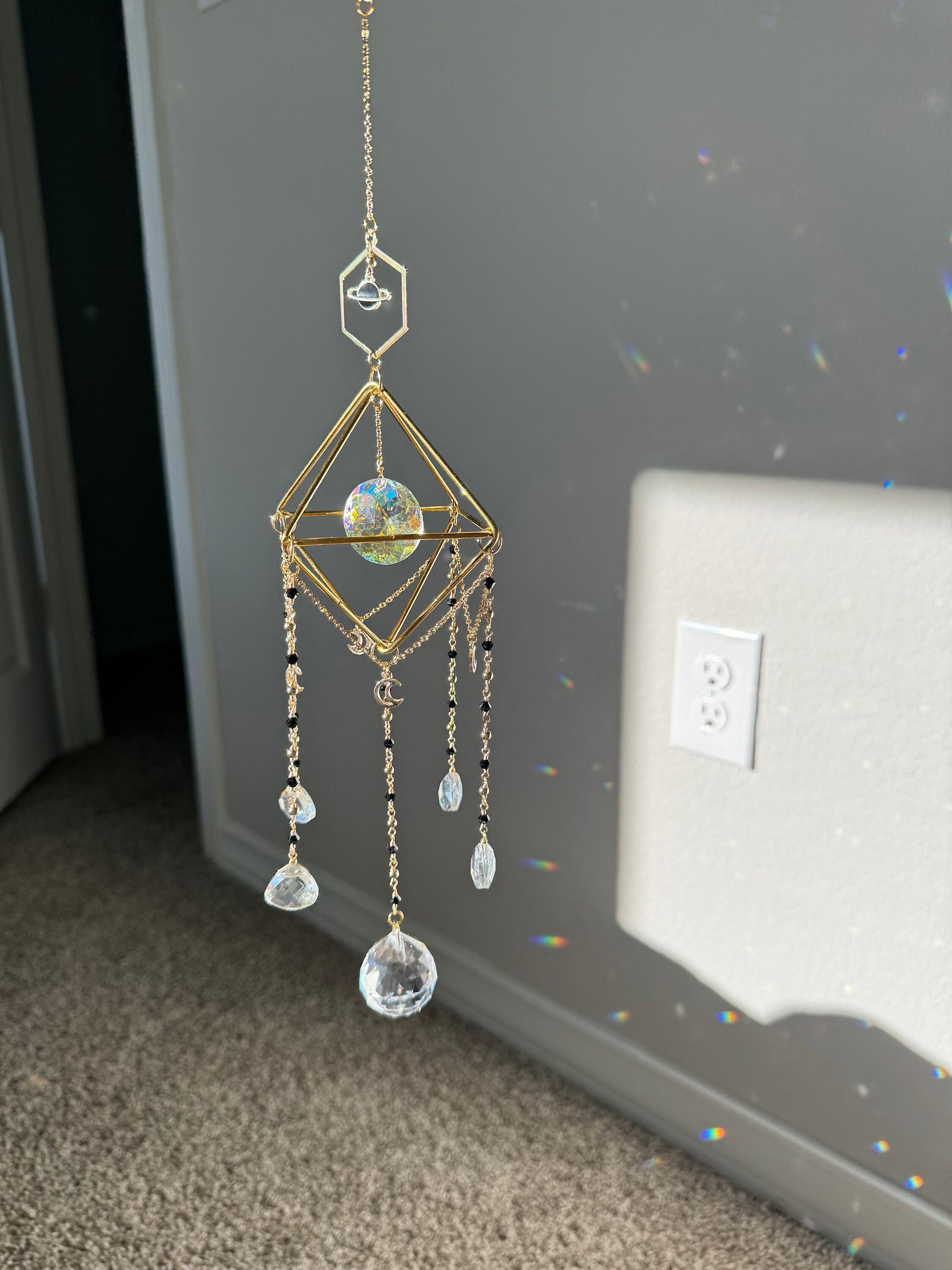 Suncatcher, sun catcher, light catcher, rainbow maker, window decor, home decor, prism, planet, black, wind chime, gift, housewarming