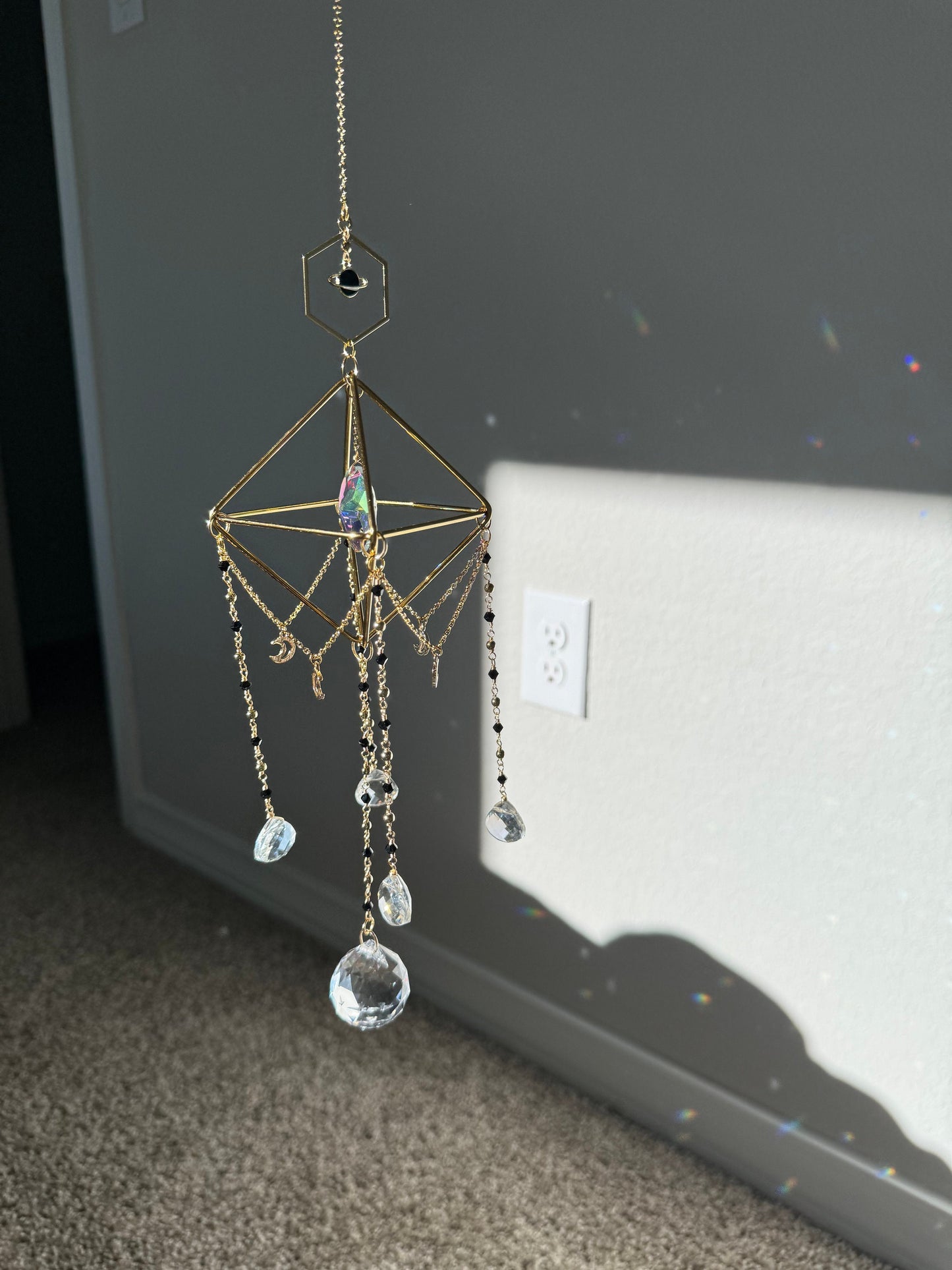Suncatcher, sun catcher, light catcher, rainbow maker, window decor, home decor, prism, planet, black, wind chime, gift, housewarming