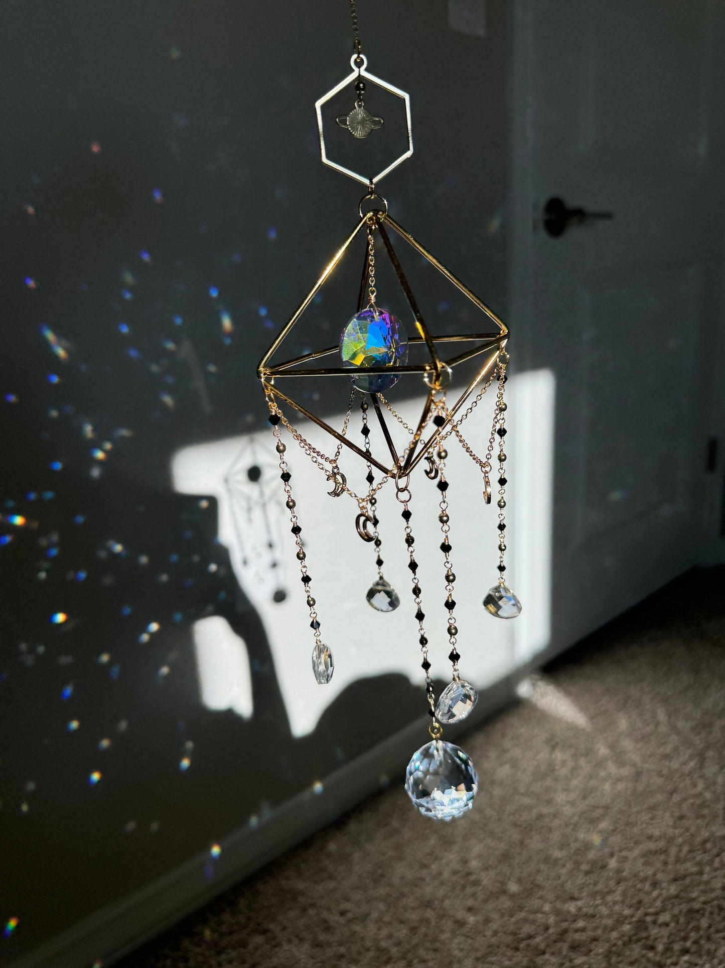 Suncatcher, sun catcher, light catcher, rainbow maker, window decor, home decor, prism, planet, black, wind chime, gift, housewarming
