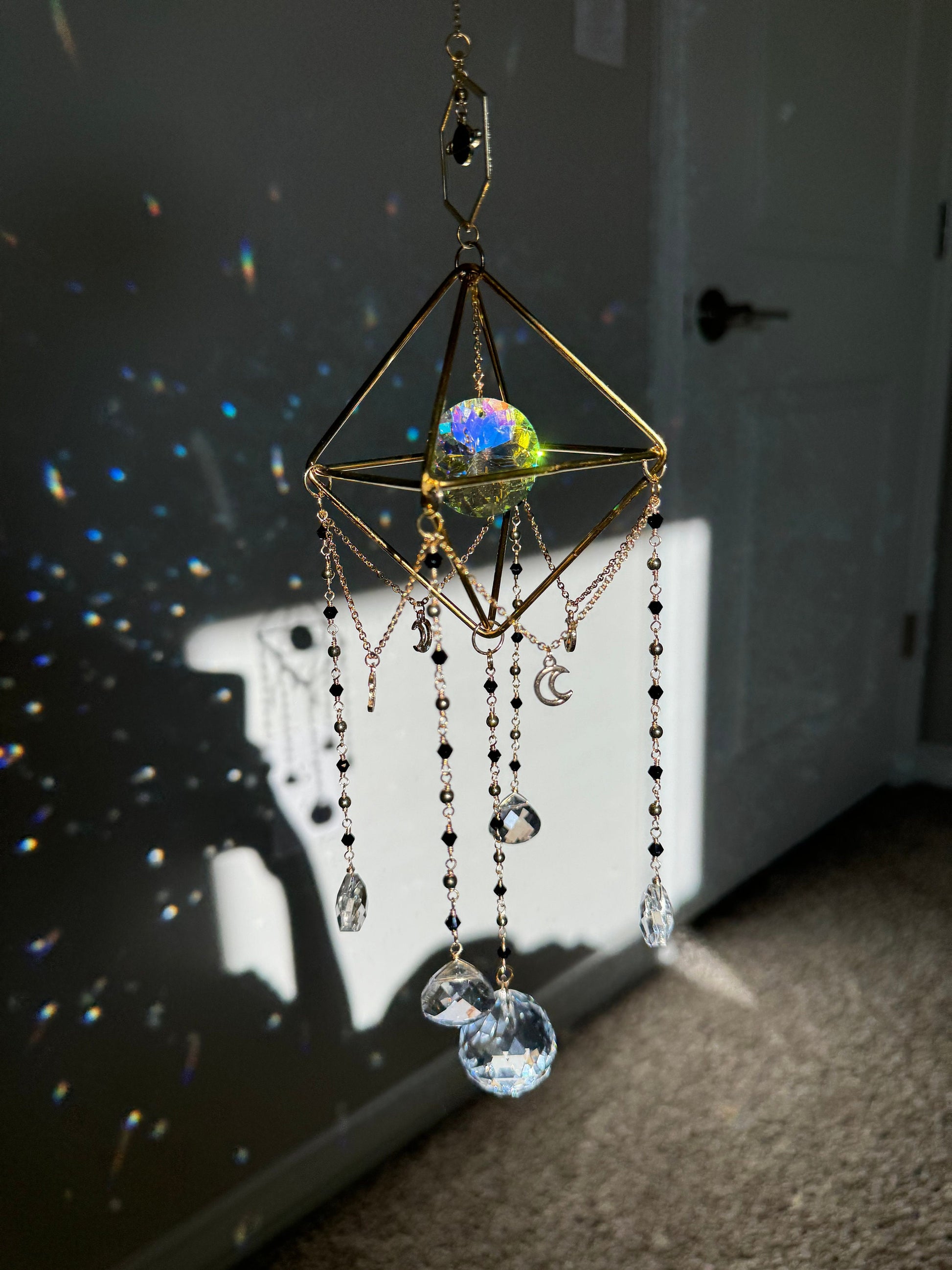 Suncatcher, sun catcher, light catcher, rainbow maker, window decor, home decor, prism, planet, black, wind chime, gift, housewarming