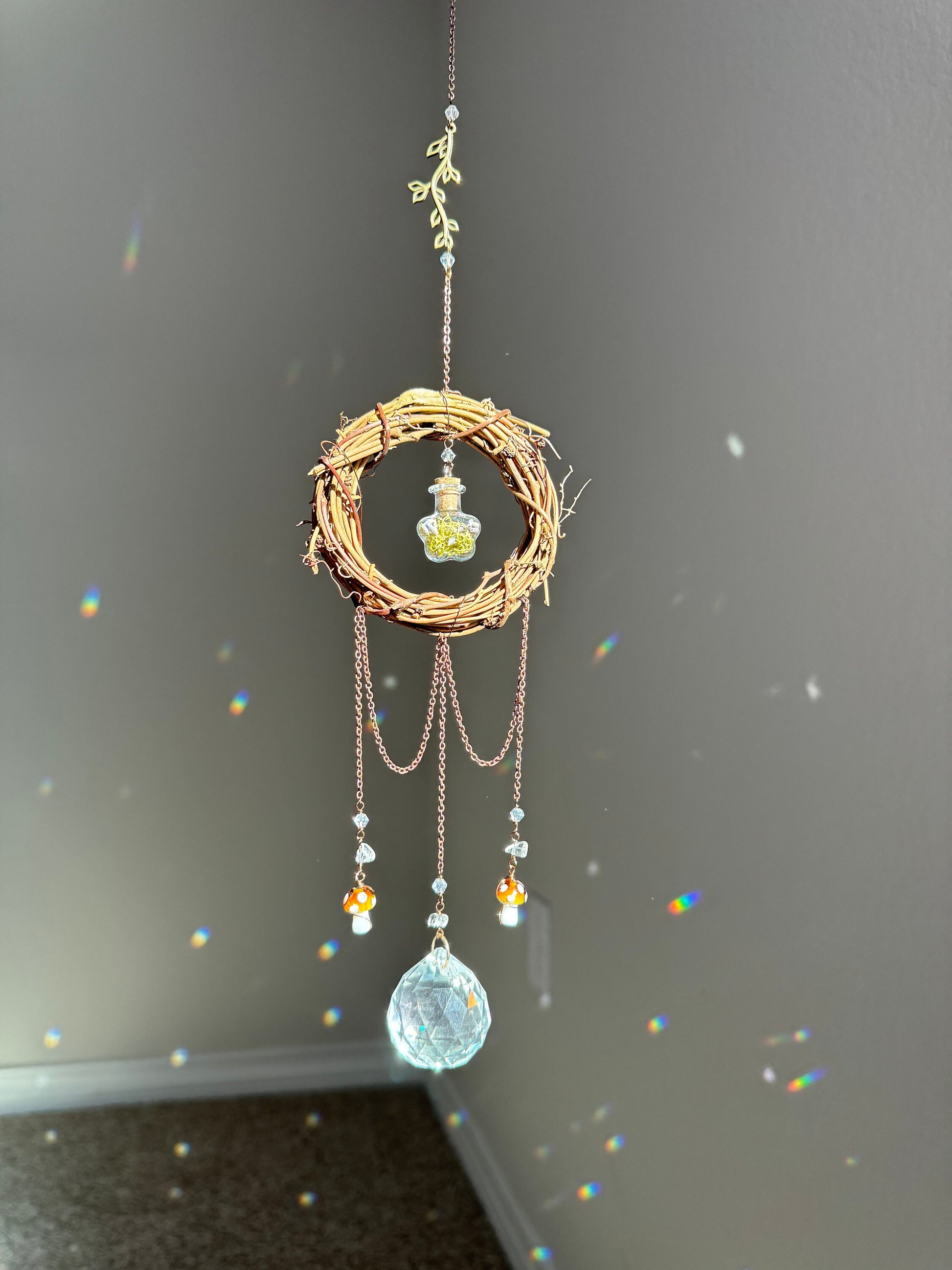 Suncatcher, mushroom light catcher, mushroom dreamcatcher, rainbow reflective home decor, handmade unique gift, boho prism suncatcher