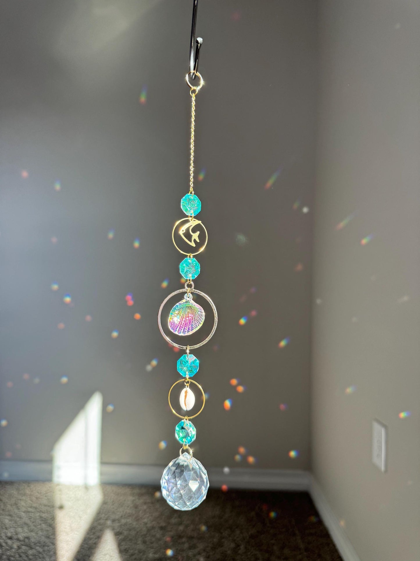 Sun catcher crystal, beach theme decor, shell decor, light catcher, thoughtful gift for beach love, mermaid decor, dream catcher, windchimes