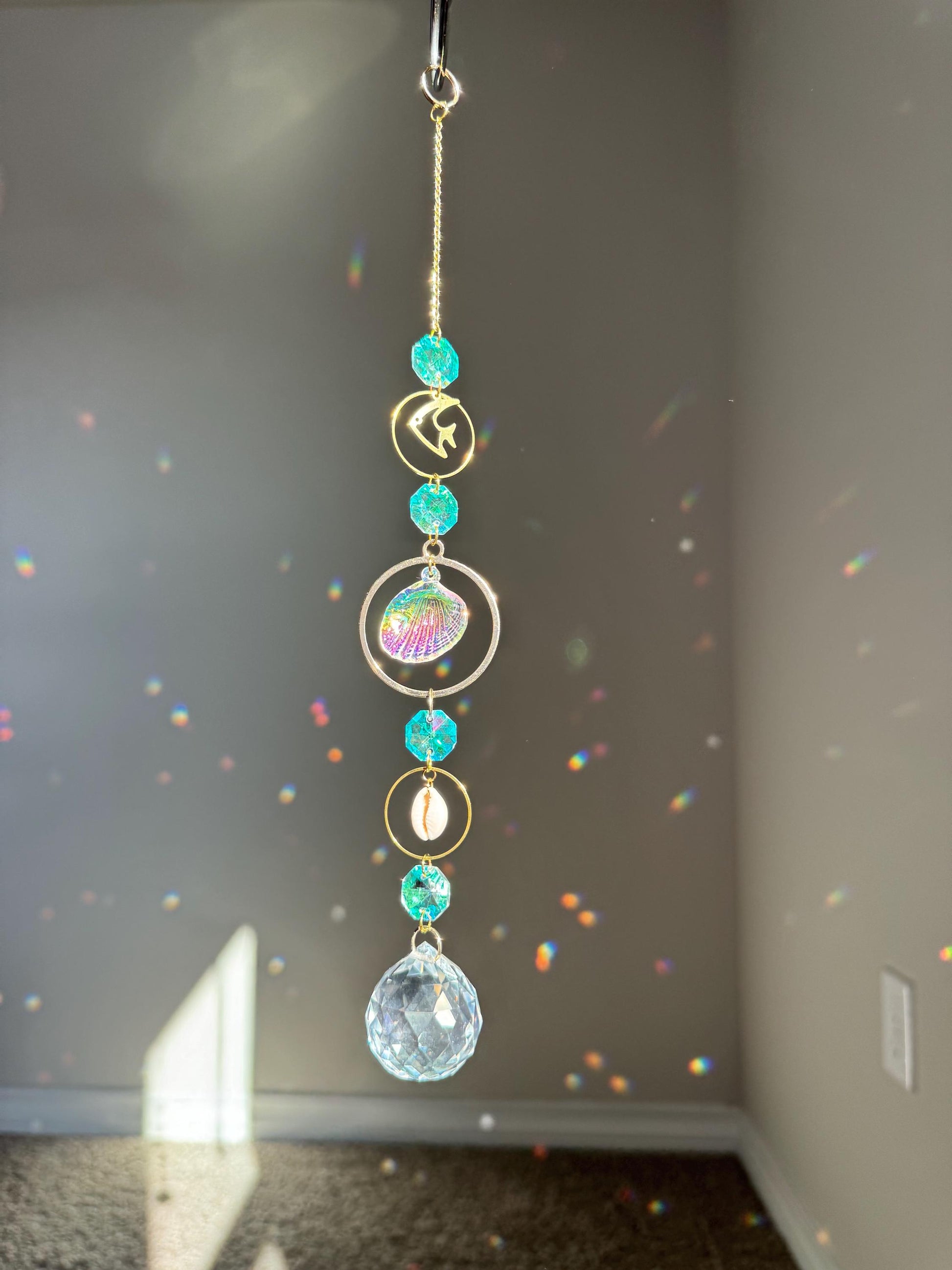 Sun catcher crystal, beach theme decor, shell decor, light catcher, thoughtful gift for beach love, mermaid decor, dream catcher, windchimes