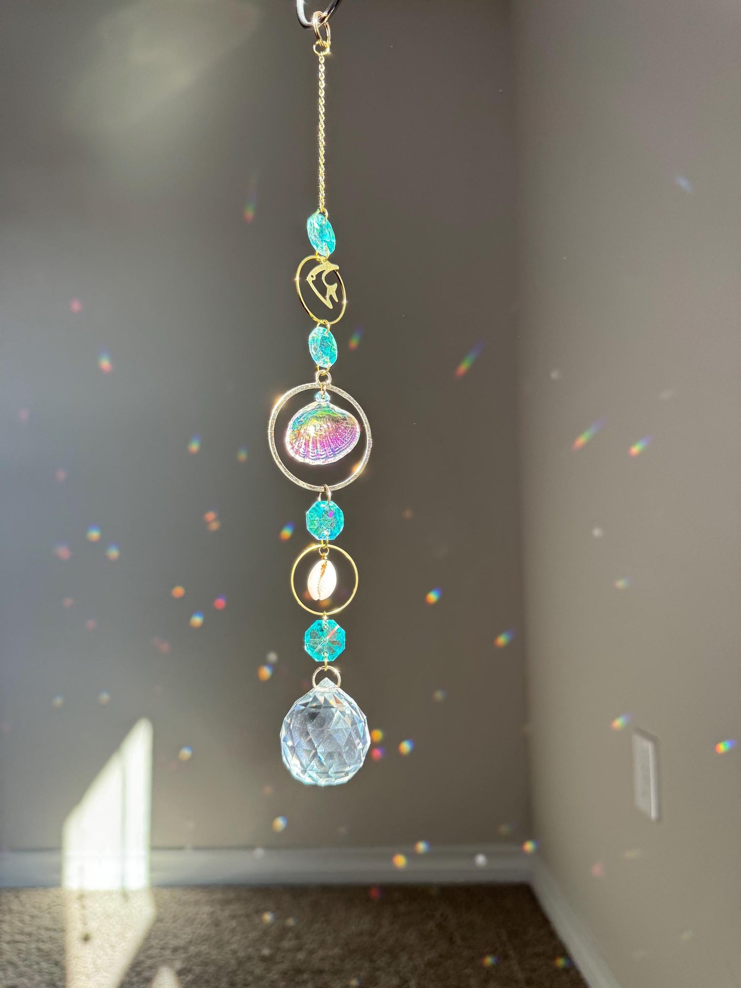 Sun catcher crystal, beach theme decor, shell decor, light catcher, thoughtful gift for beach love, mermaid decor, dream catcher, windchimes