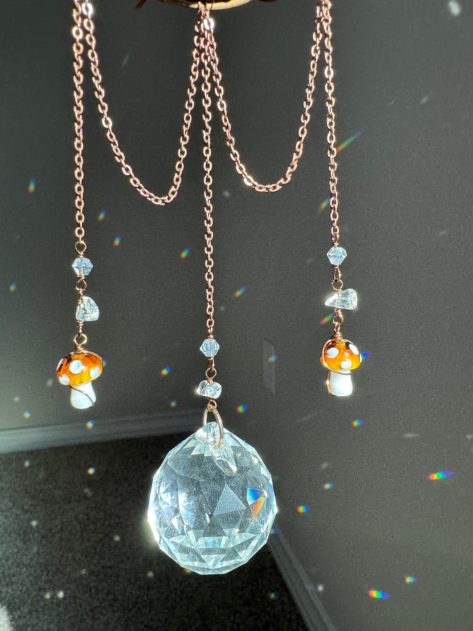 Suncatcher, mushroom light catcher, mushroom dreamcatcher, rainbow reflective home decor, handmade unique gift, boho prism suncatcher