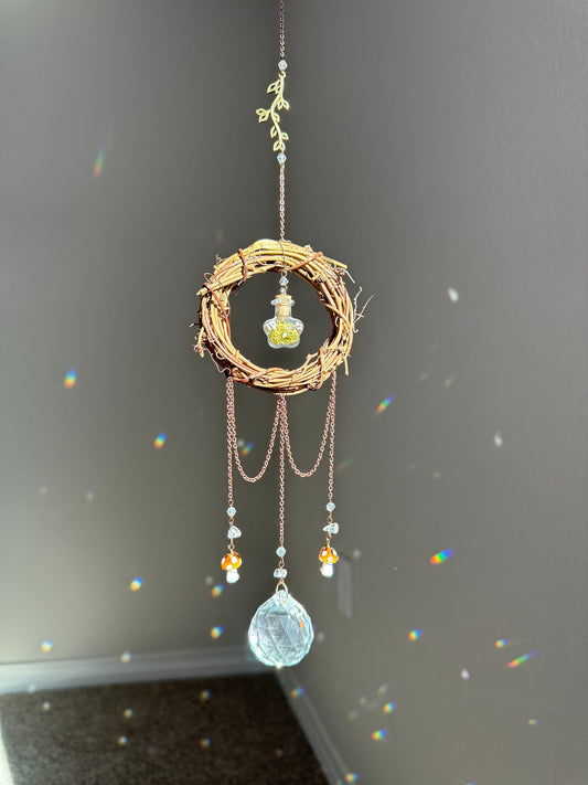 Suncatcher, mushroom light catcher, mushroom dreamcatcher, rainbow reflective home decor, handmade unique gift, boho prism suncatcher