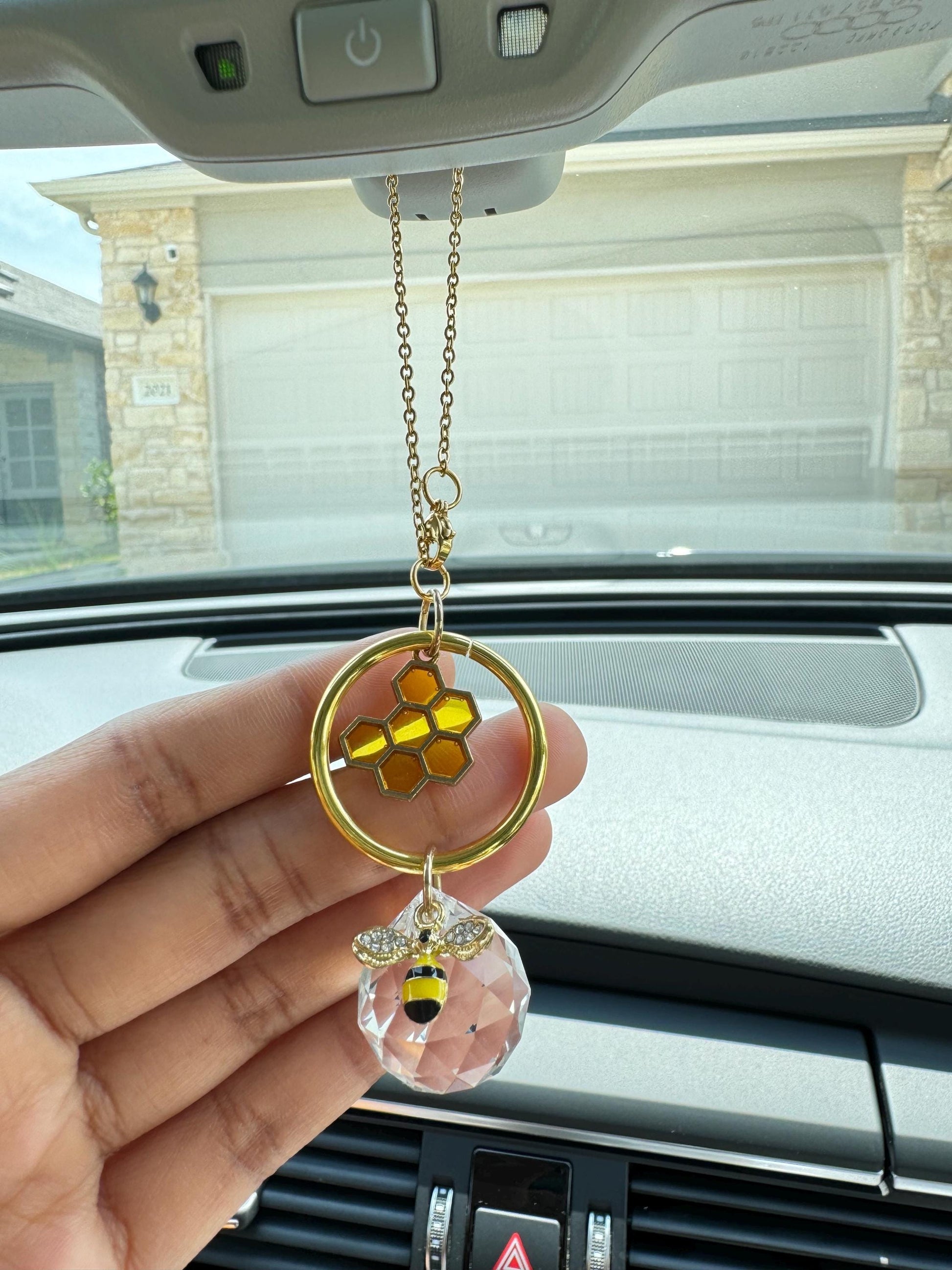 Honeycomb Bee Crystal Sun Catcher for Car Gold Bee Rearview Mirror Charm Crystal Prism Pendant Boho Car Decor Unique Gift suncatcher
