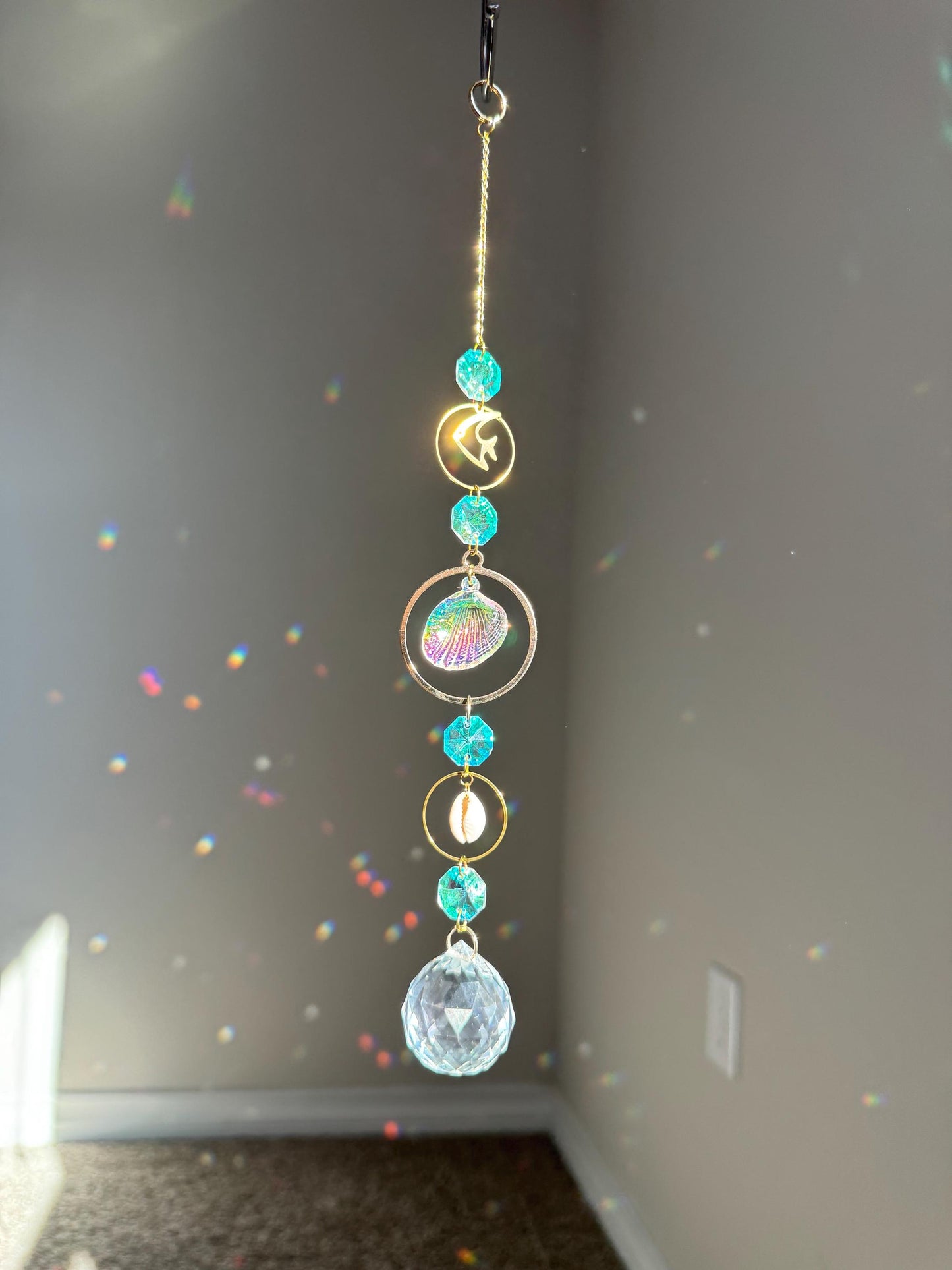 Sun catcher crystal, beach theme decor, shell decor, light catcher, thoughtful gift for beach love, mermaid decor, dream catcher, windchimes