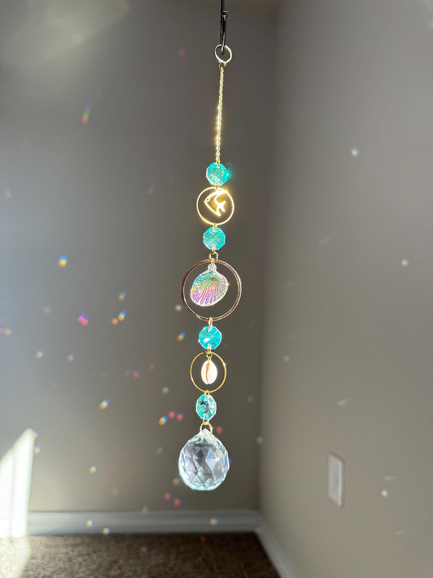 Sun catcher crystal, beach theme decor, shell decor, light catcher, thoughtful gift for beach love, mermaid decor, dream catcher, windchimes