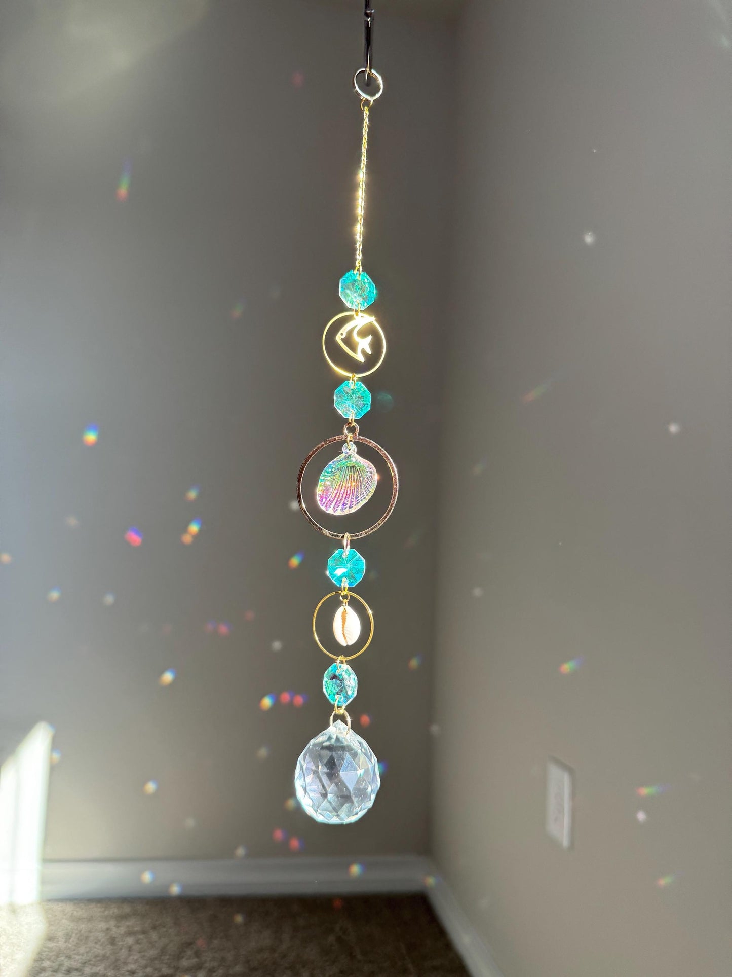 Sun catcher crystal, beach theme decor, shell decor, light catcher, thoughtful gift for beach love, mermaid decor, dream catcher, windchimes