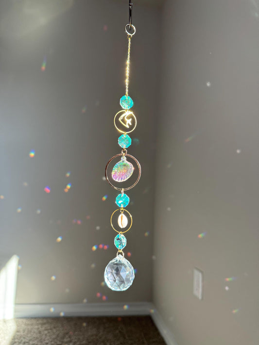 Sun catcher crystal, beach theme decor, shell decor, light catcher, thoughtful gift for beach love, mermaid decor, dream catcher, windchimes