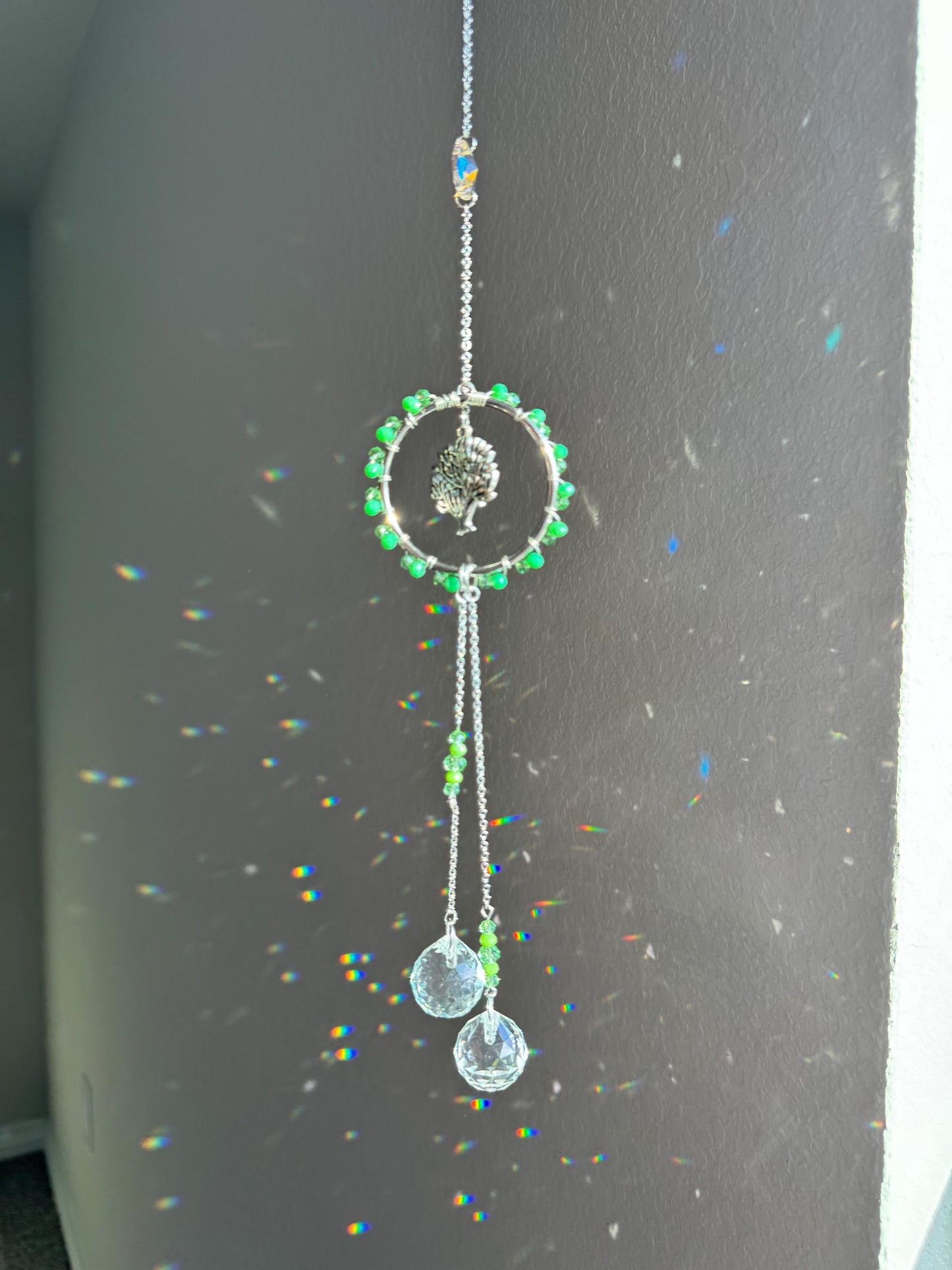 Handmade Tree of Life Sun Catcher with Green Crystal Beads and Teardrop Prisms - Boho Window Decor for Positive Energy and Light Reflection