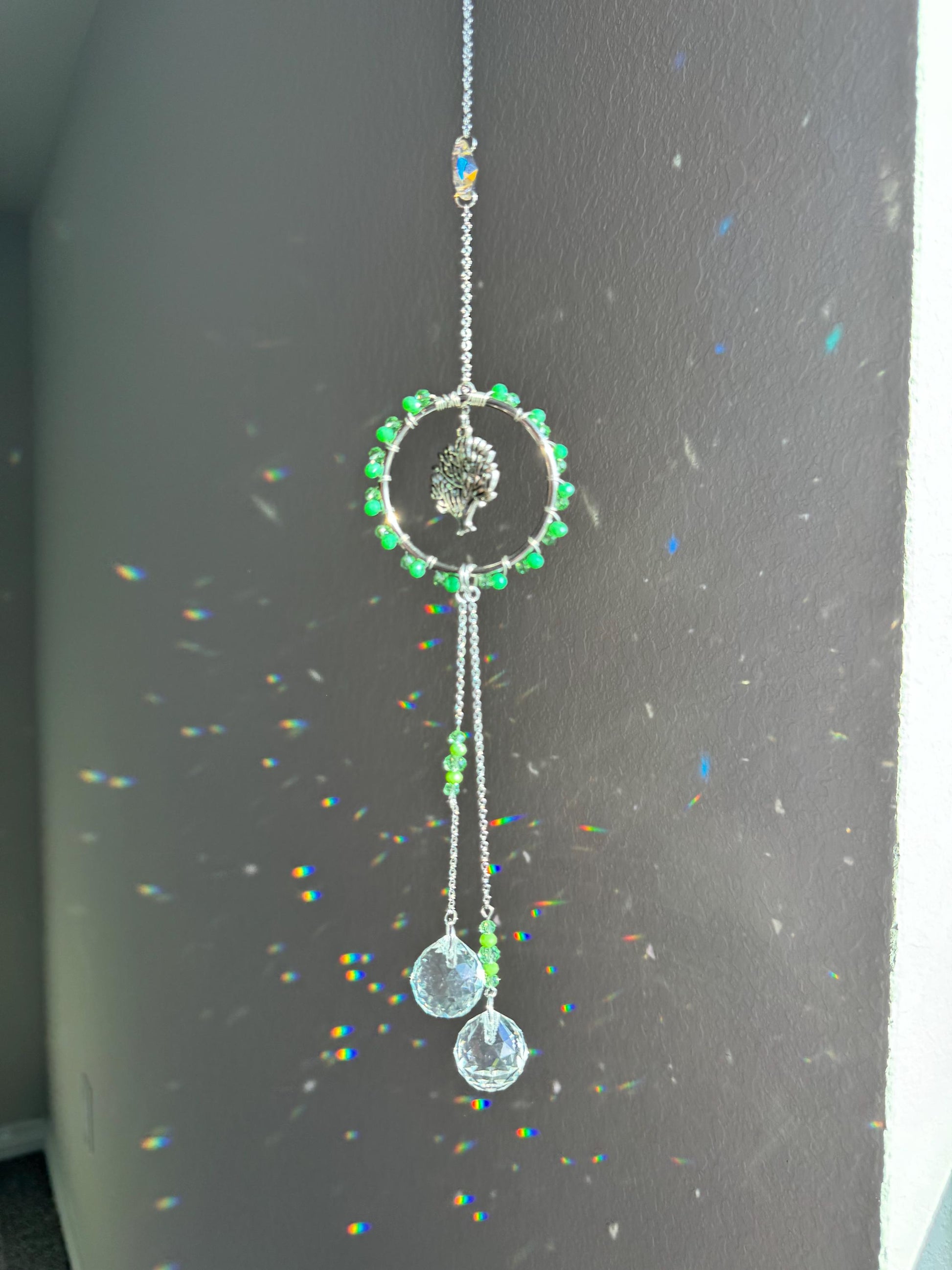 Handmade Tree of Life Sun Catcher with Green Crystal Beads and Teardrop Prisms - Boho Window Decor for Positive Energy and Light Reflection