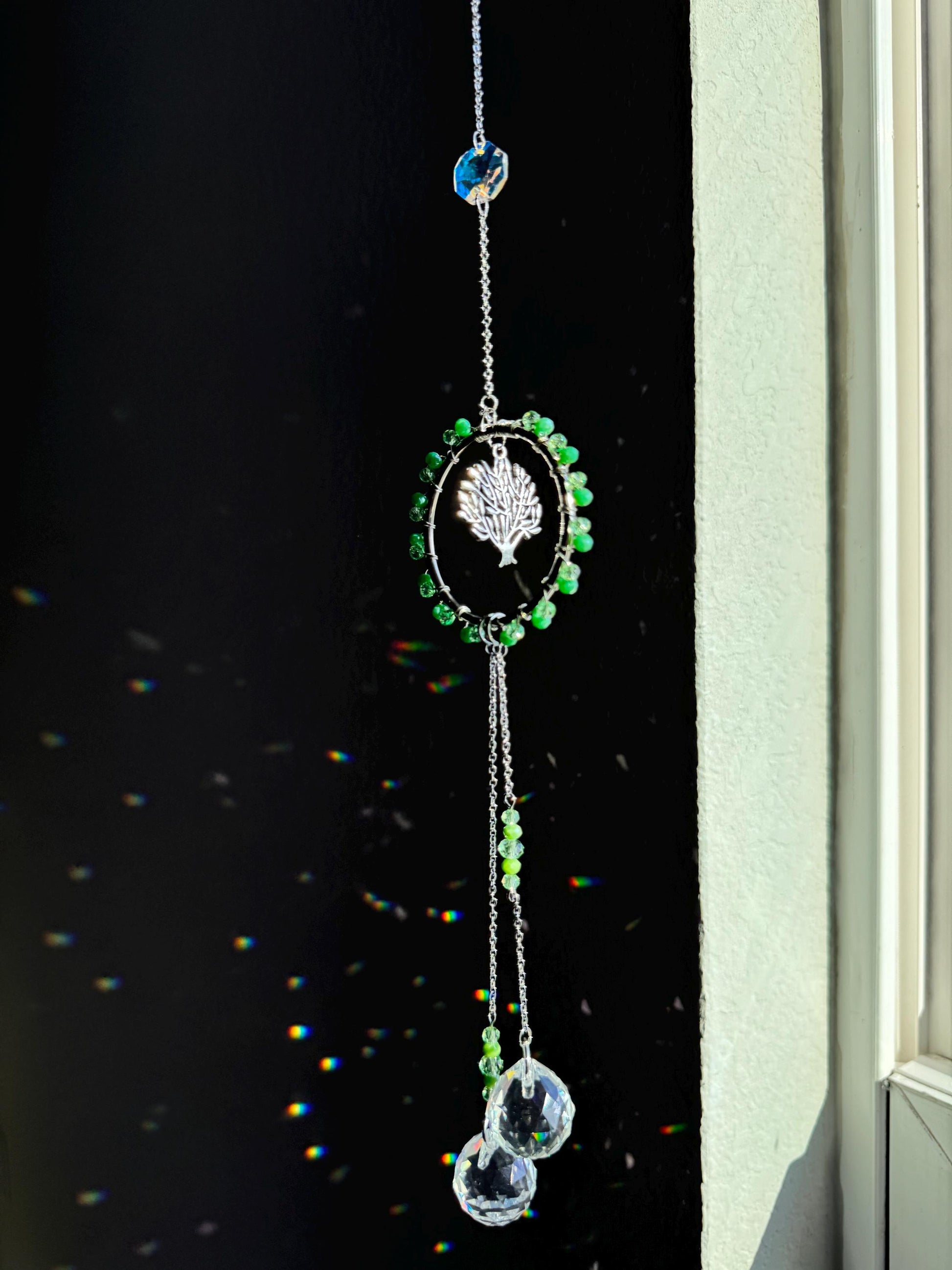 Handmade Tree of Life Sun Catcher with Green Crystal Beads and Teardrop Prisms - Boho Window Decor for Positive Energy and Light Reflection