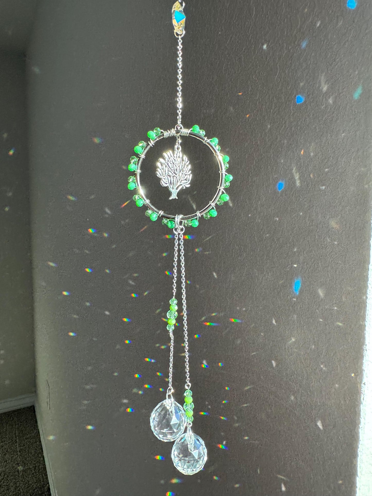 Handmade Tree of Life Sun Catcher with Green Crystal Beads and Teardrop Prisms - Boho Window Decor for Positive Energy and Light Reflection