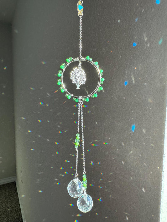 Handmade Tree of Life Sun Catcher with Green Crystal Beads and Teardrop Prisms - Boho Window Decor for Positive Energy and Light Reflection