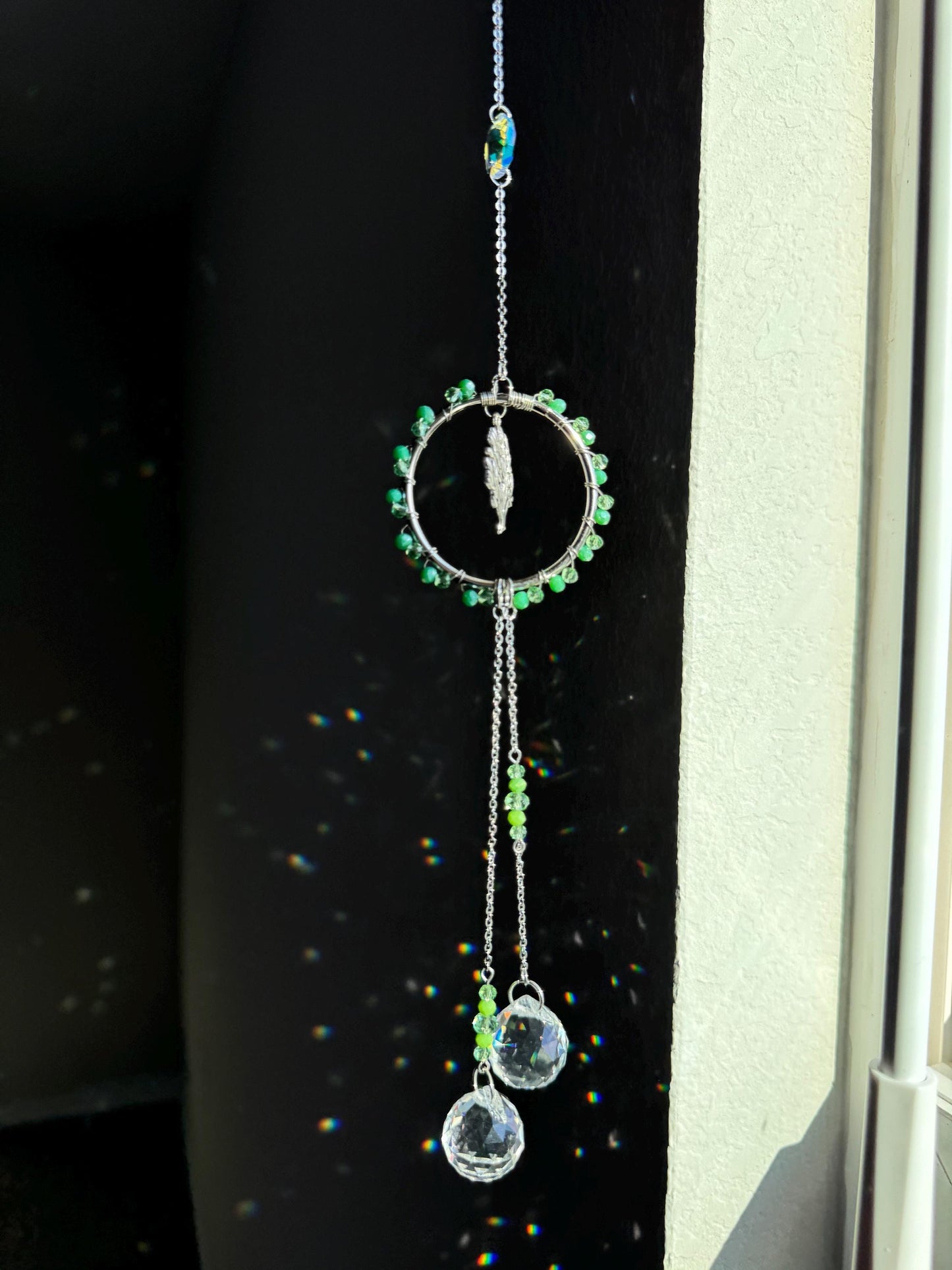 Handmade Tree of Life Sun Catcher with Green Crystal Beads and Teardrop Prisms - Boho Window Decor for Positive Energy and Light Reflection