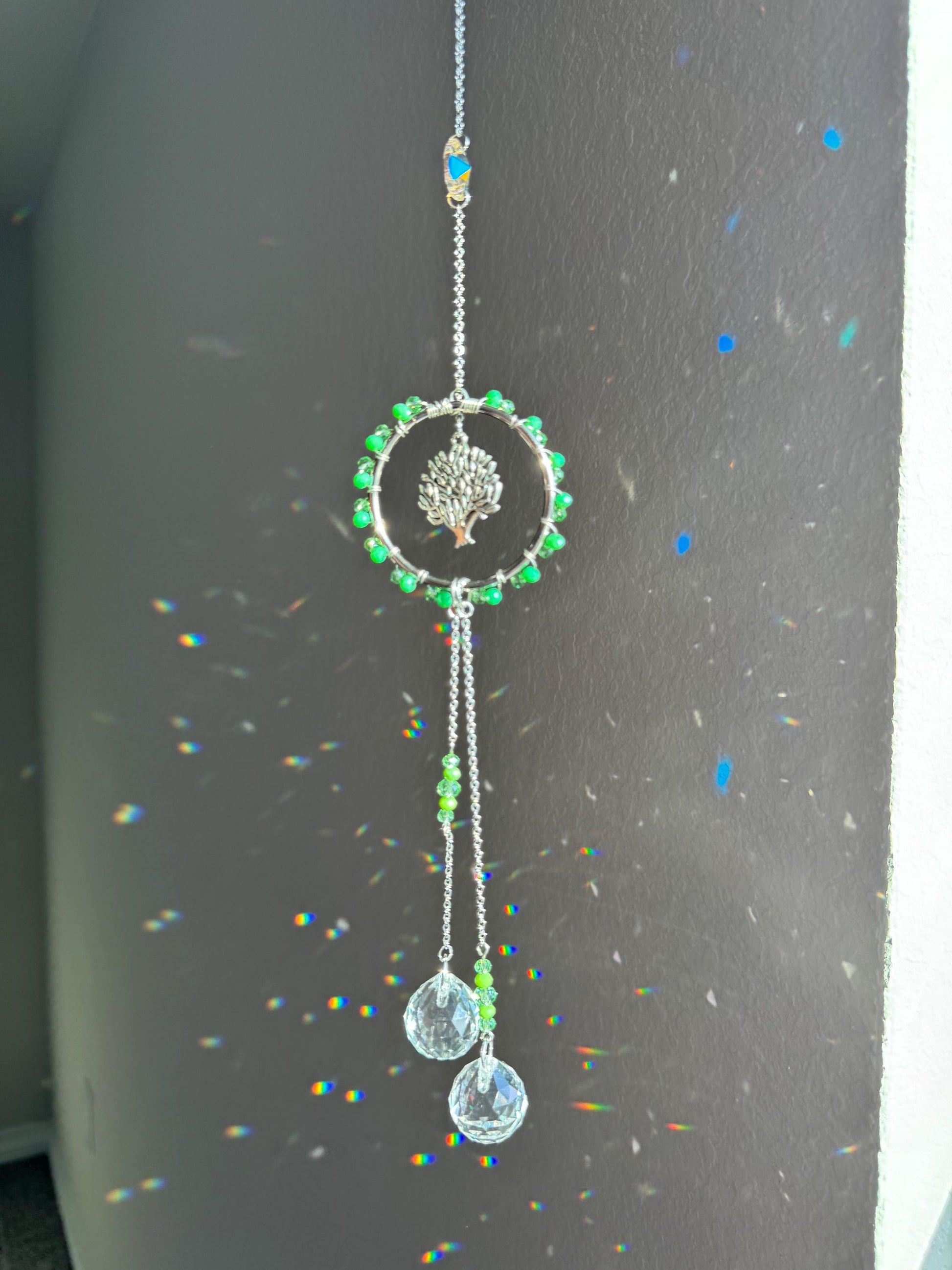 Handmade Tree of Life Sun Catcher with Green Crystal Beads and Teardrop Prisms - Boho Window Decor for Positive Energy and Light Reflection