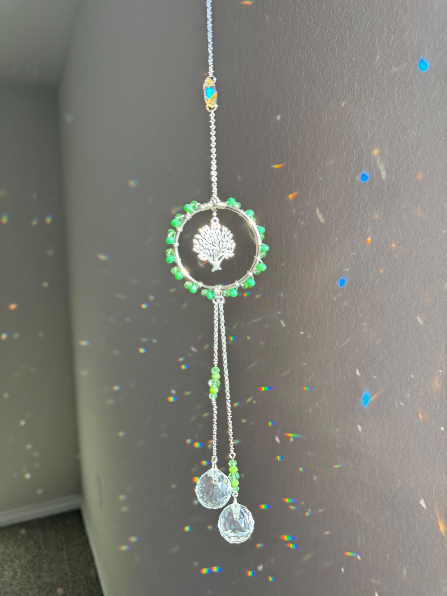 Handmade Tree of Life Sun Catcher with Green Crystal Beads and Teardrop Prisms - Boho Window Decor for Positive Energy and Light Reflection