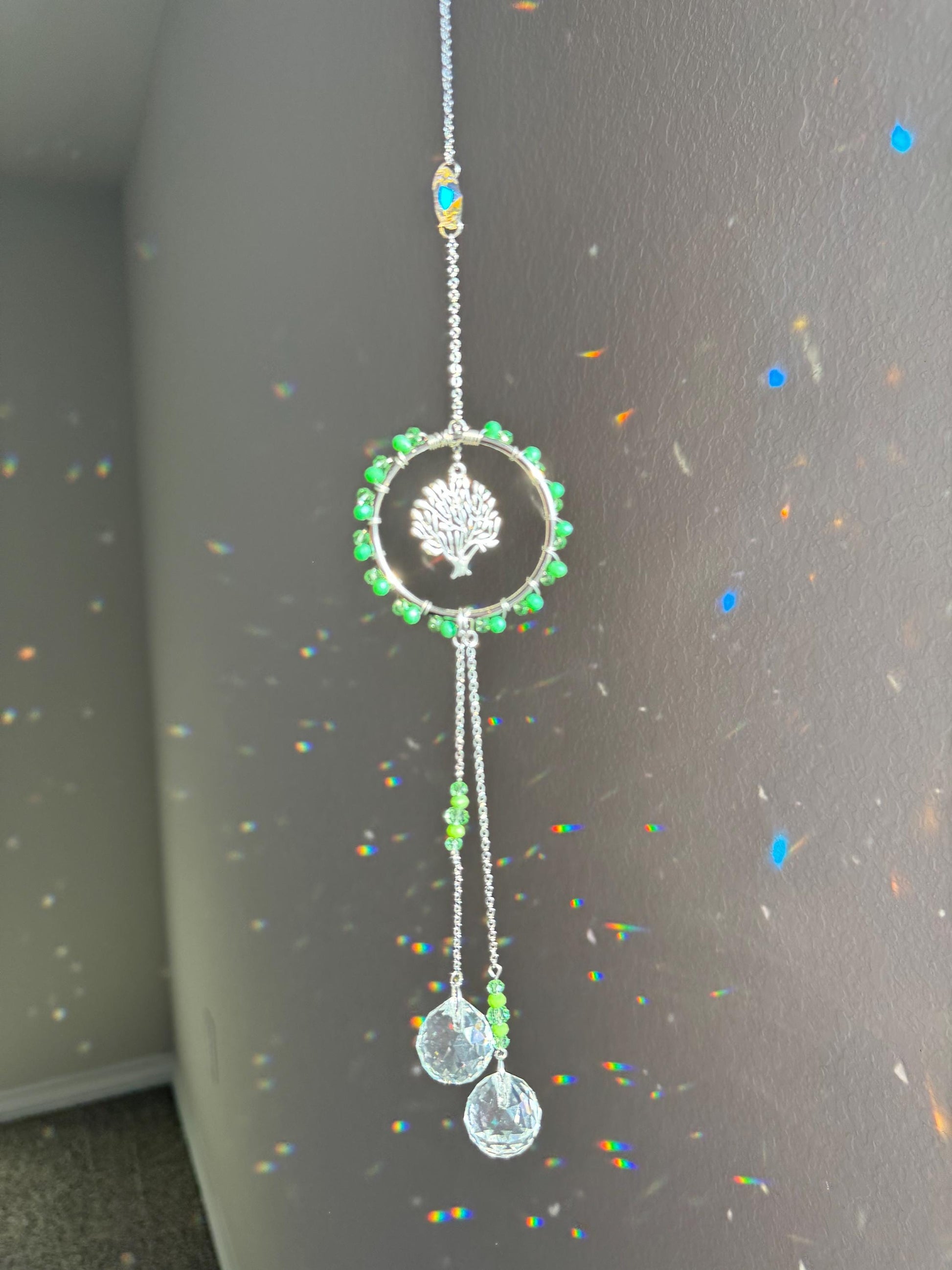 Handmade Tree of Life Sun Catcher with Green Crystal Beads and Teardrop Prisms - Boho Window Decor for Positive Energy and Light Reflection