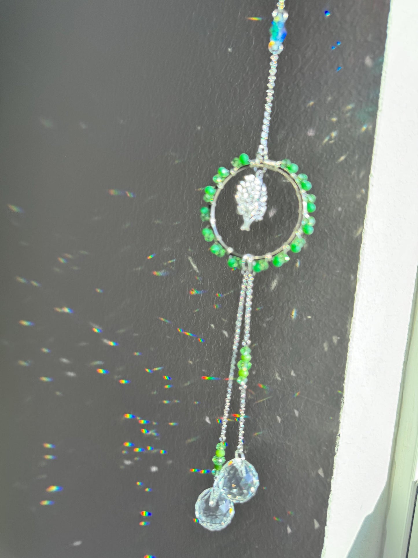 Handmade Tree of Life Sun Catcher with Green Crystal Beads and Teardrop Prisms - Boho Window Decor for Positive Energy and Light Reflection