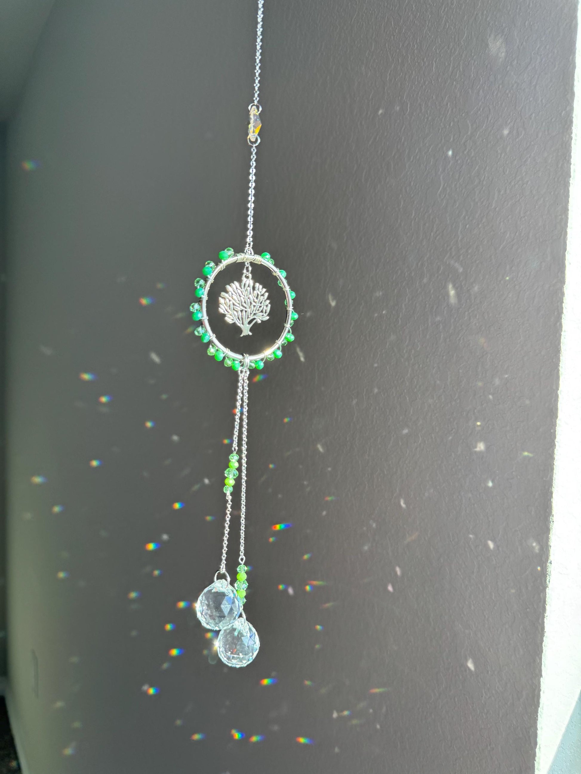 Handmade Tree of Life Sun Catcher with Green Crystal Beads and Teardrop Prisms - Boho Window Decor for Positive Energy and Light Reflection