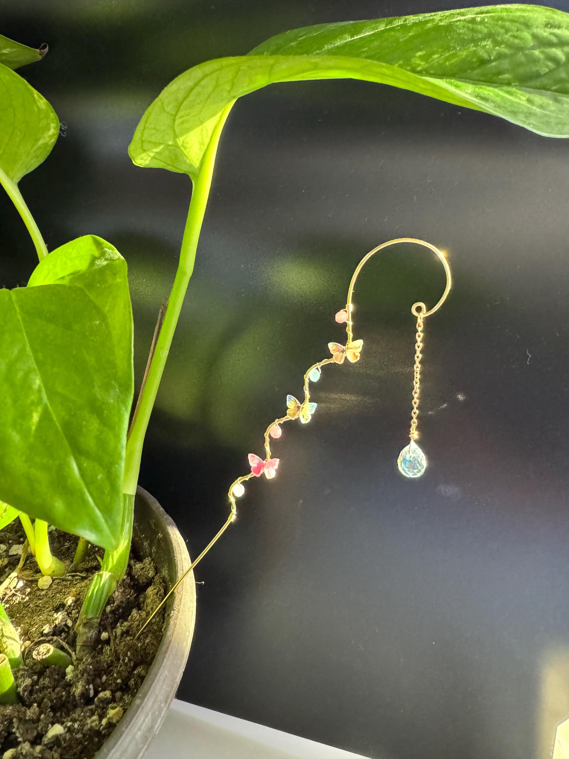 Whimsical Butterfly Plant Stake with Crystal Drop – Colorful Garden Decor | Fairy Garden Accessory | Sun Catcher for Houseplants
