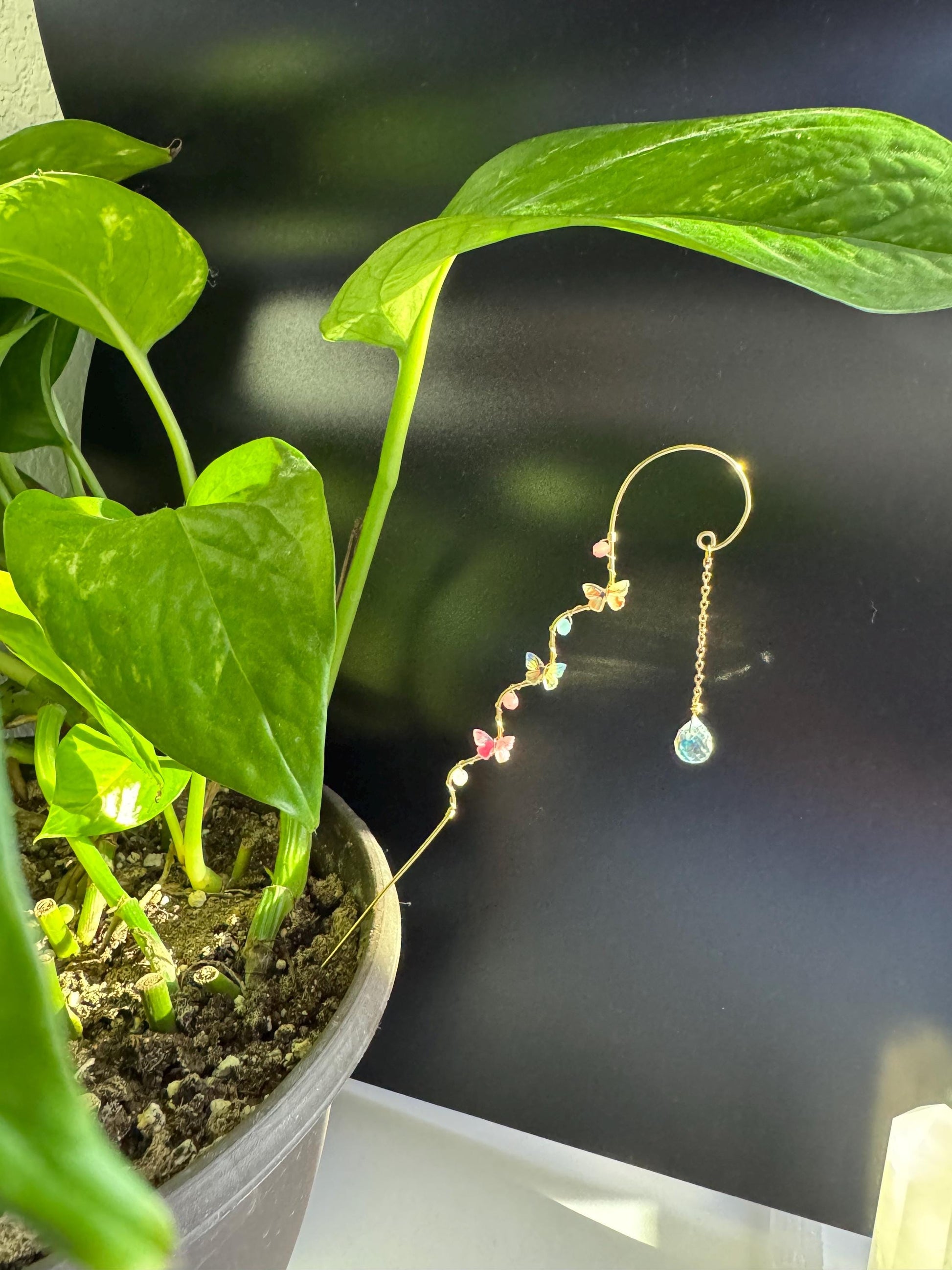 Whimsical Butterfly Plant Stake with Crystal Drop – Colorful Garden Decor | Fairy Garden Accessory | Sun Catcher for Houseplants