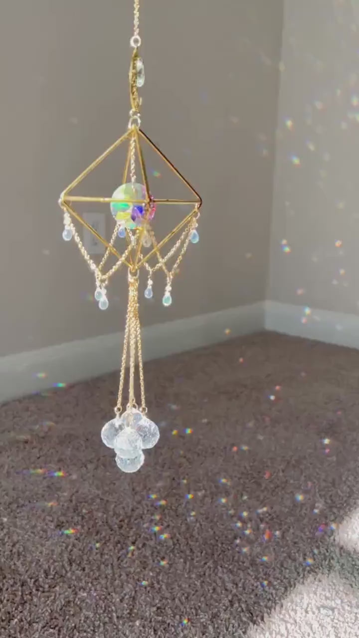 Sun catcher, suncatcher, crystal decor, wind chime, hanging window decor, rainbow maker, lightcatcher, reflections, mothers day gift, gold