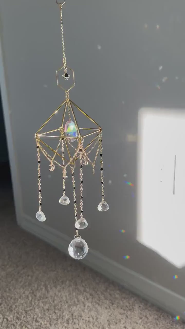 Suncatcher, sun catcher, light catcher, rainbow maker, window decor, home decor, prism, planet, black, wind chime, gift, housewarming